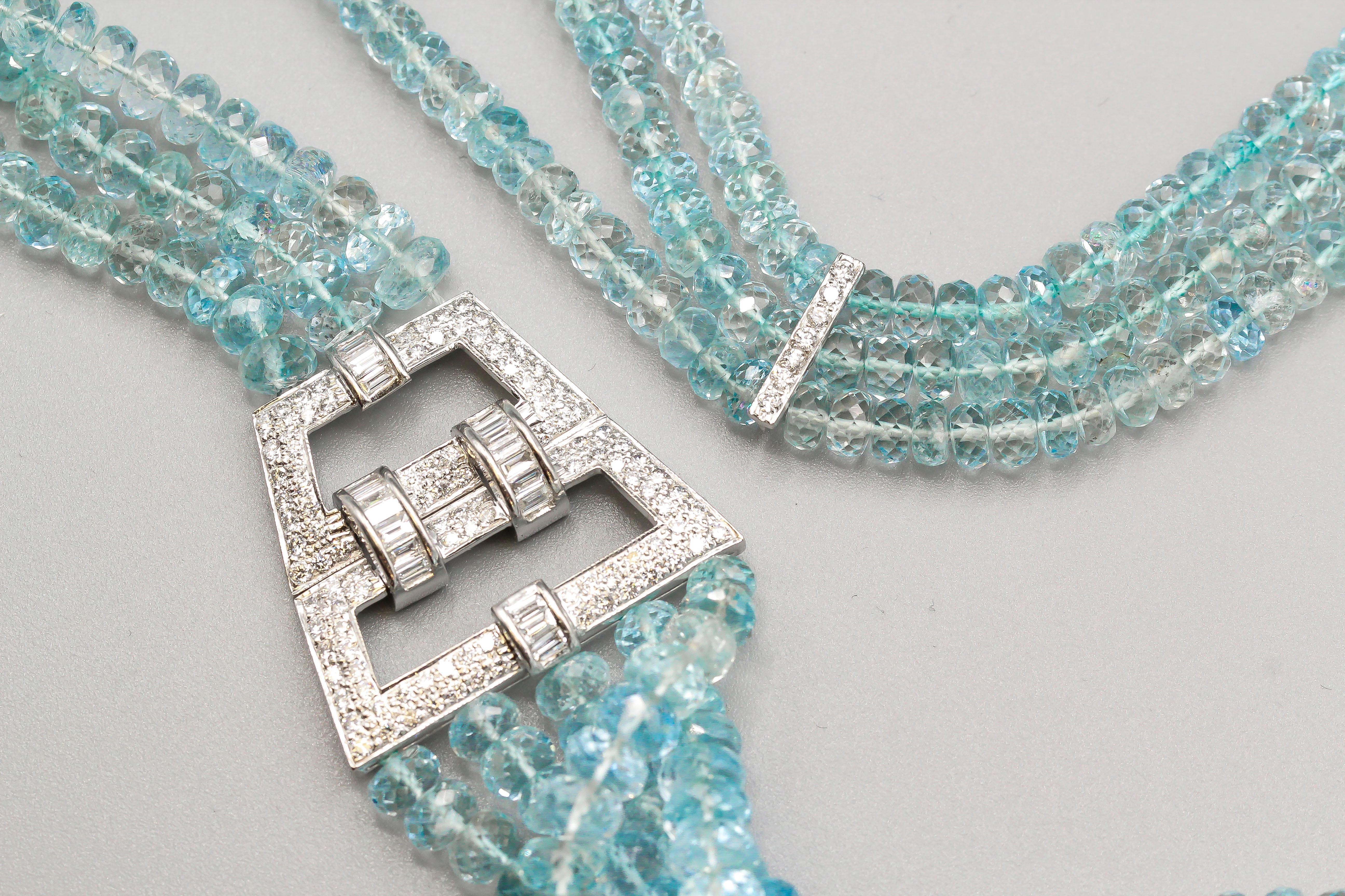 Women's Aquamarine Bead Diamond and White Gold Long Necklace