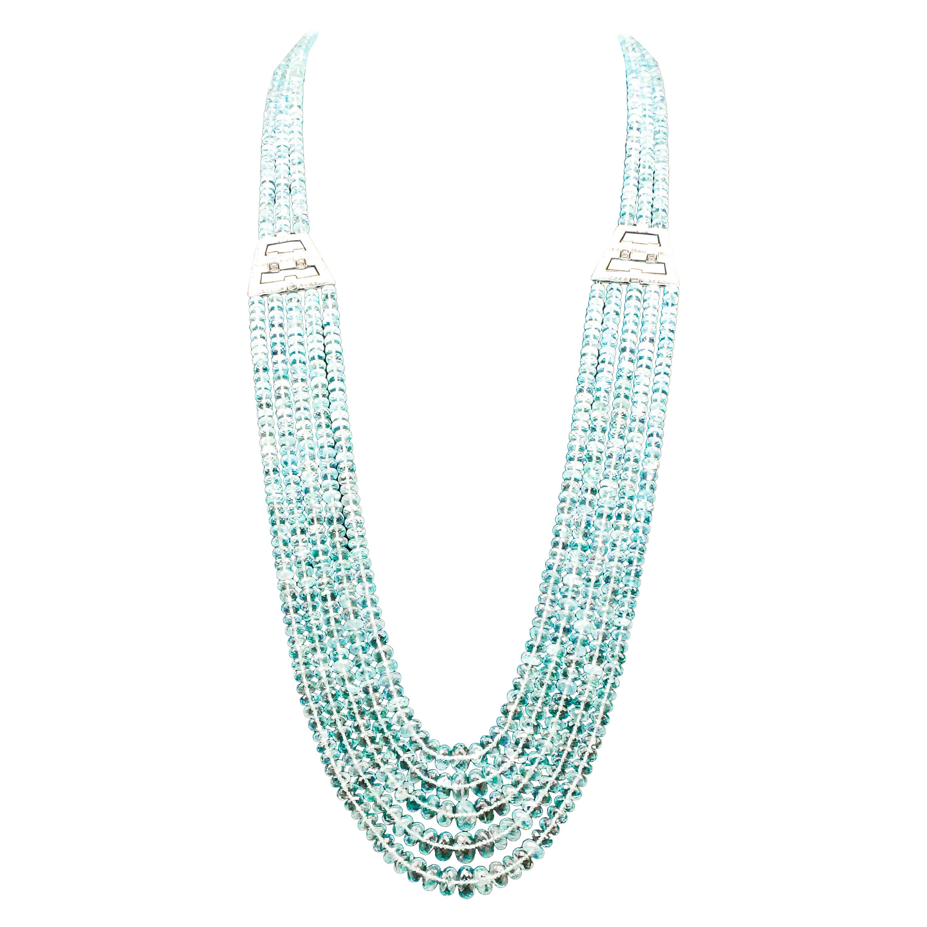 Aquamarine Bead Diamond and White Gold Long Necklace
