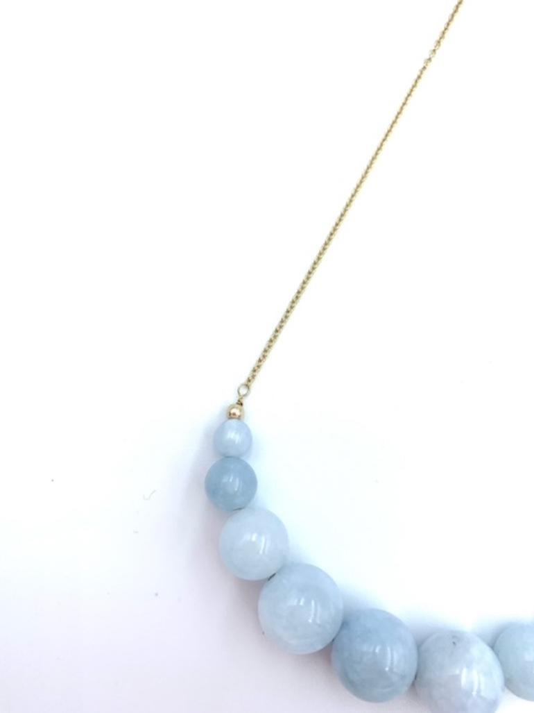 Contemporary Aquamarine Bead Graduated Sweetie Necklace in Yellow Gold For Sale