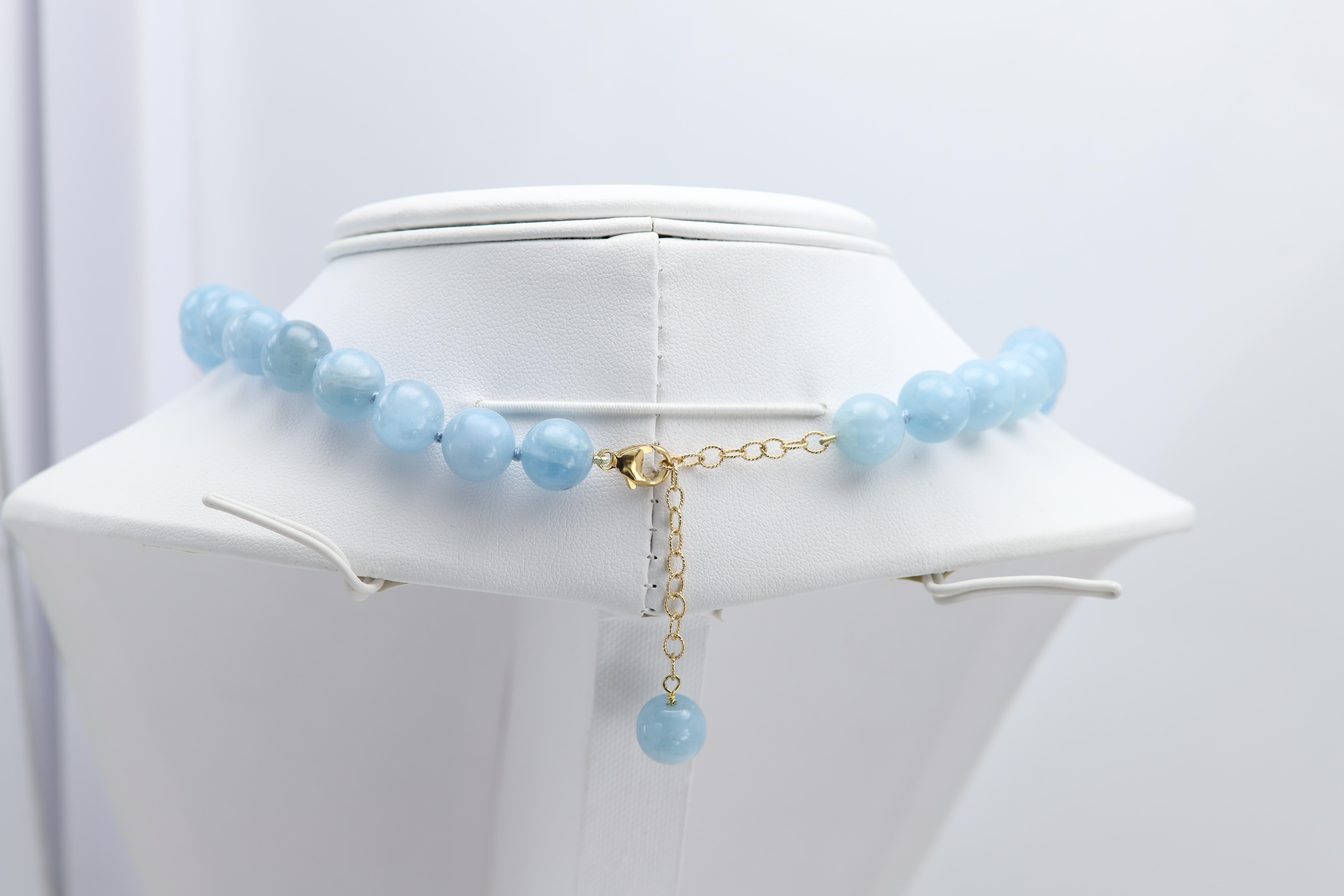Collana di perle di acquamarina in oro giallo 14 carati con chiusura a scatto e prolunga regolabile in vendita 6