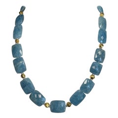 Aquamarine Beaded Necklace with 18k Gold Accents, 22 Inches
