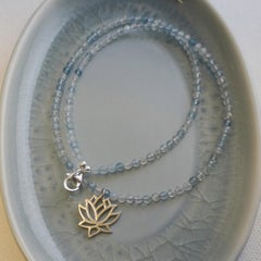 Aquamarine Beaded Necklace with Lotus Pendant 925 silver - 17.5 inches