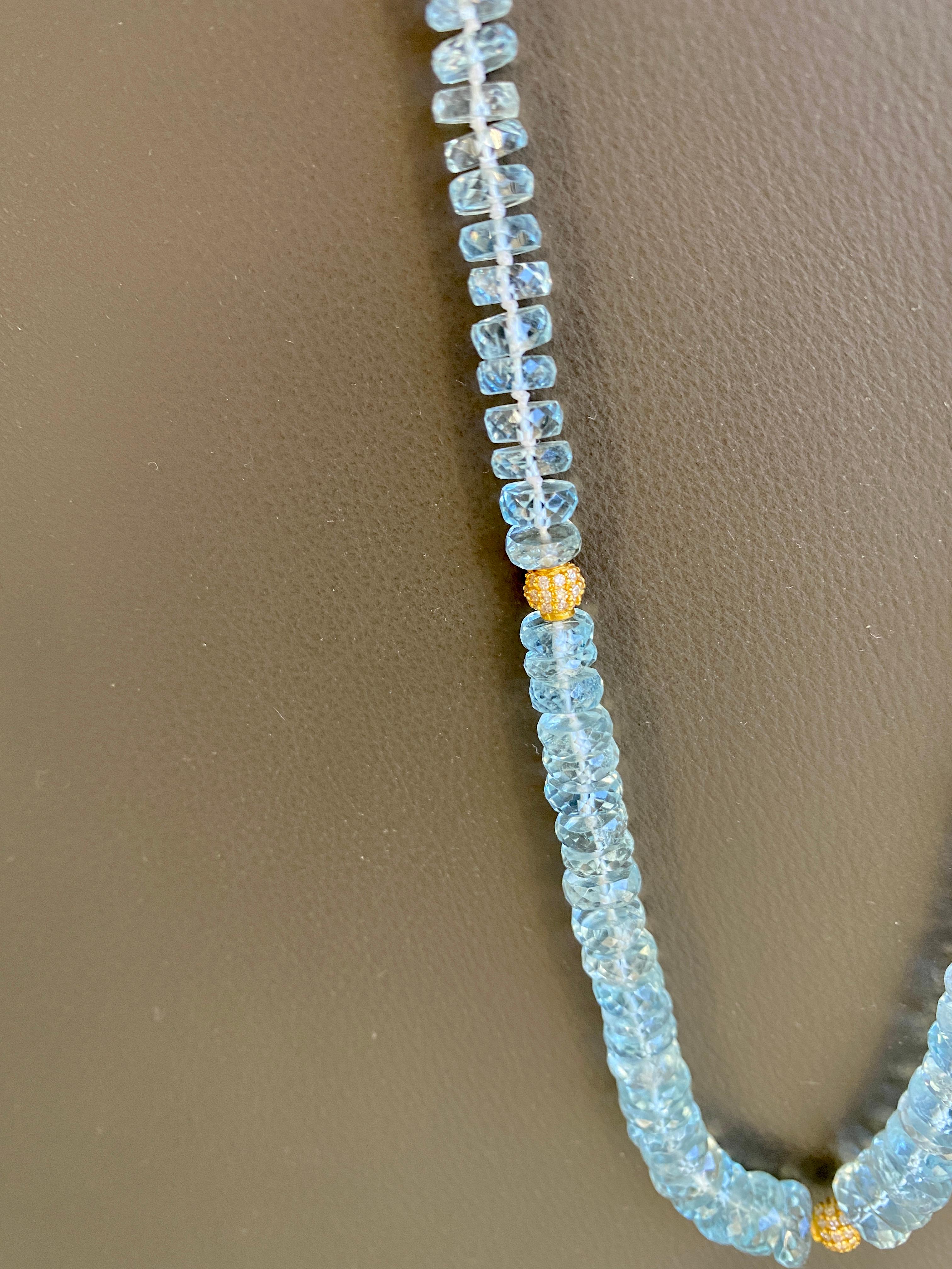 Mixed Cut Aquamarine Beads 14 Karat Yellow Gold Diamond Spacers 18 Karat Yellow Gold Clasp For Sale