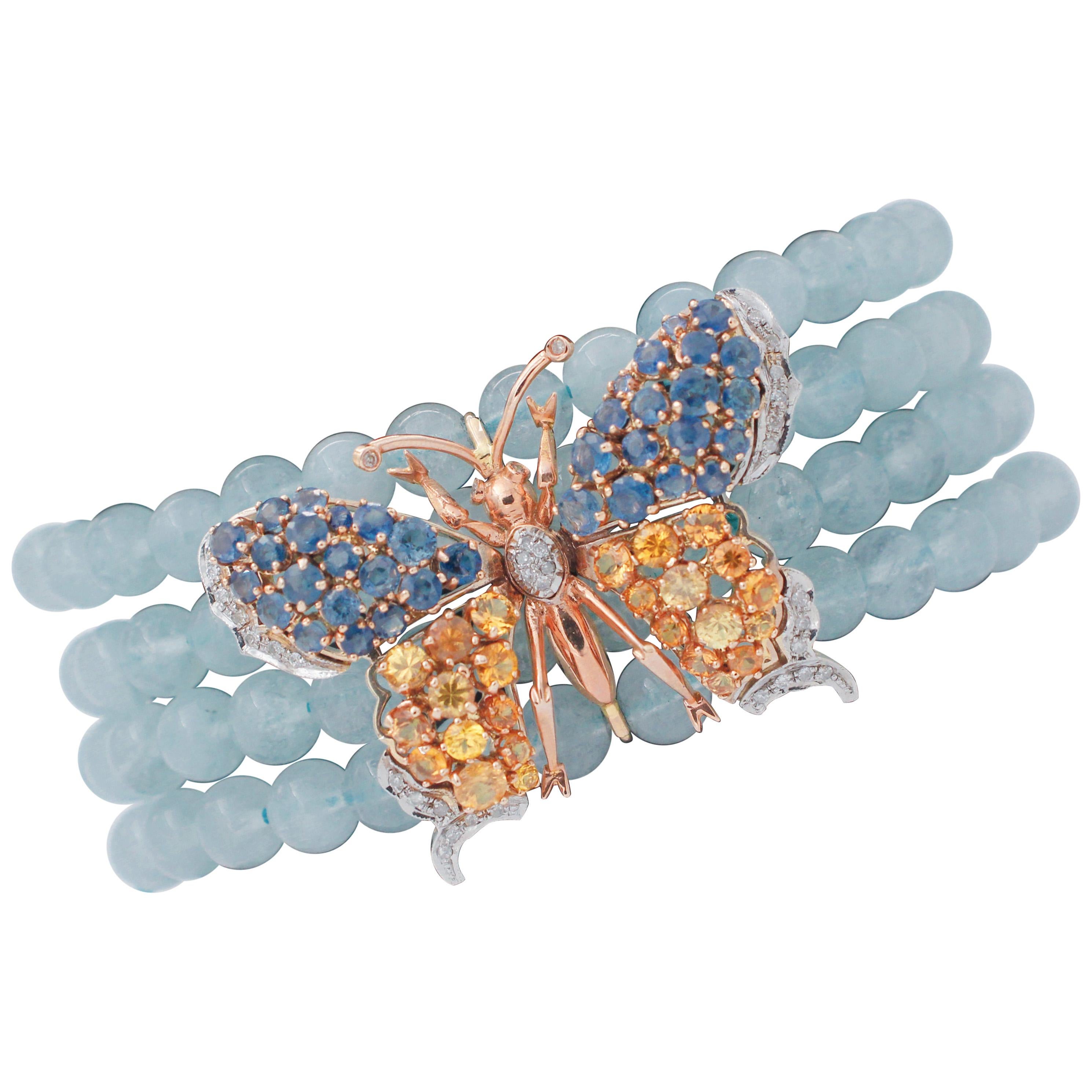 Aquamarine Beads, Diamonds, Colored Sapphires 14k White and Rose Gold Bracelet
