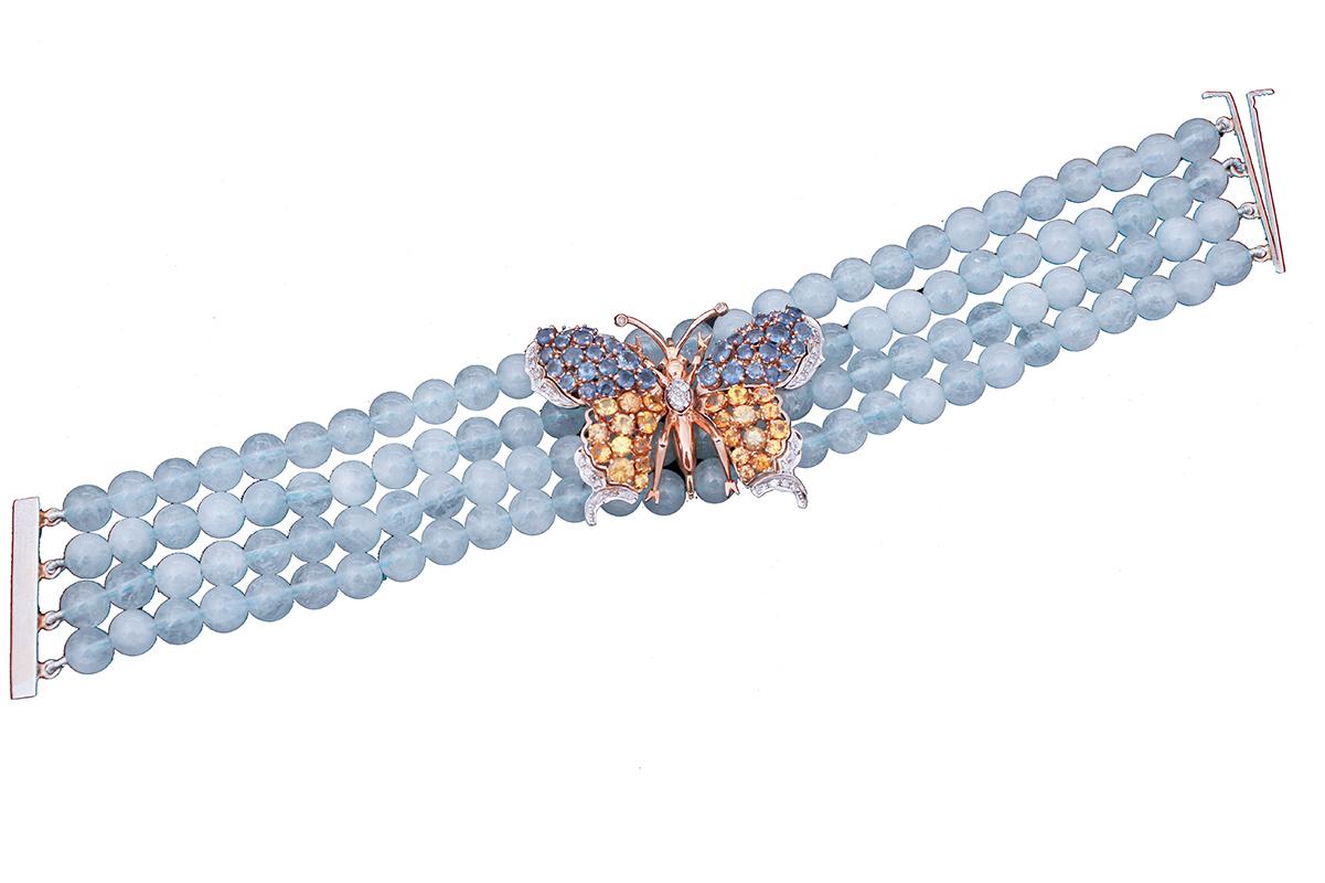 Retro Aquamarine Beads, Diamonds, Colored Sapphires 14k White and Rose Gold Bracelet