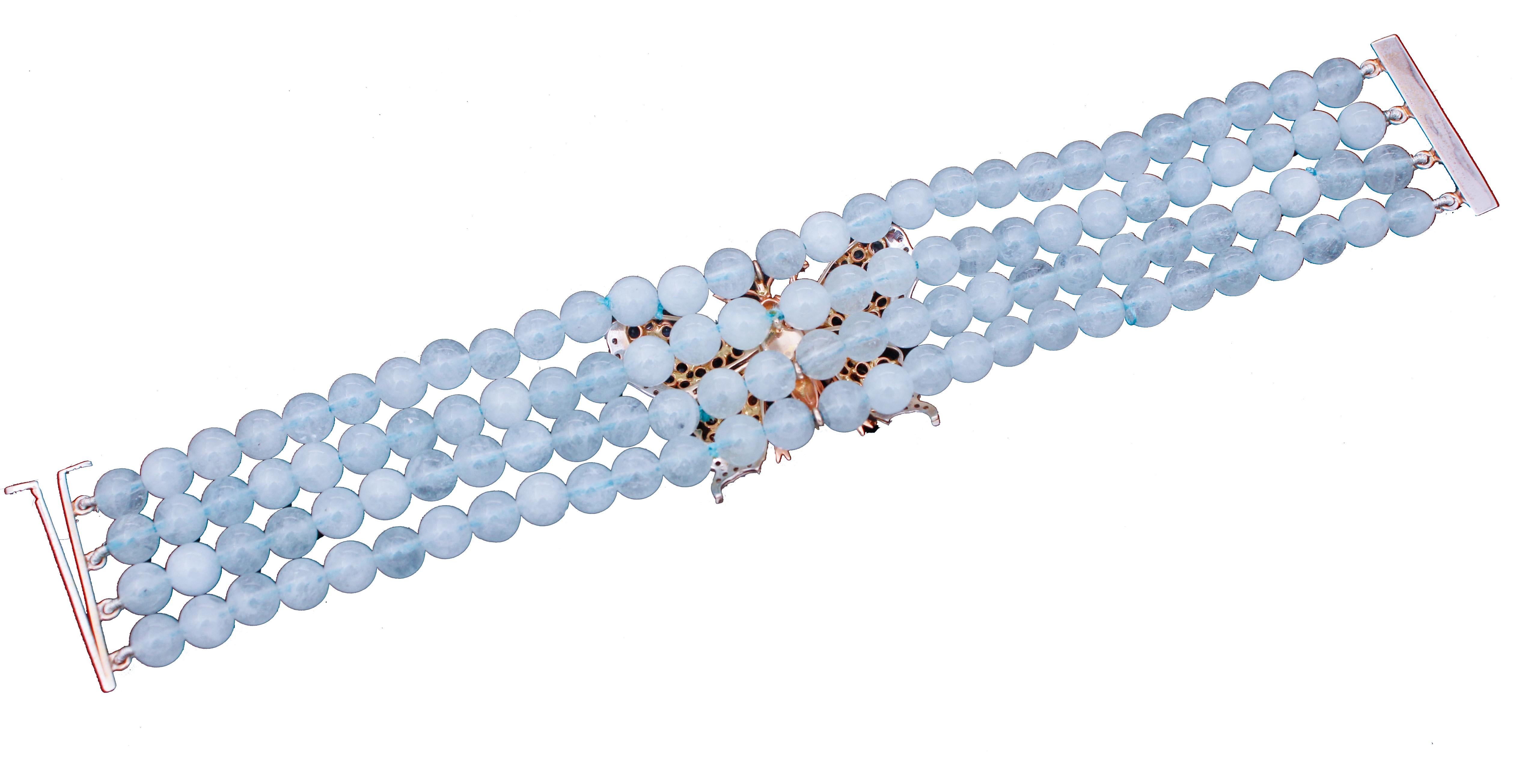 Mixed Cut Aquamarine Beads, Diamonds, Colored Sapphires 14k White and Rose Gold Bracelet