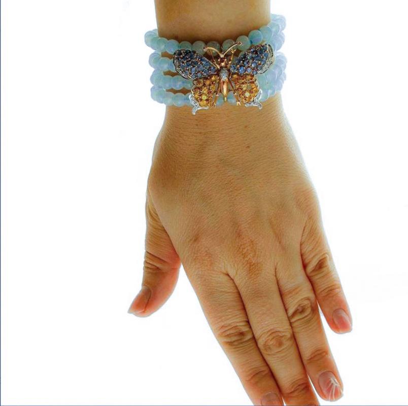 Women's Aquamarine Beads, Diamonds, Colored Sapphires 14k White and Rose Gold Bracelet