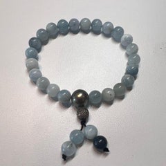 Aquamarine beads Men's bracelet with silver diamond pavé bead and Tahiti pearl