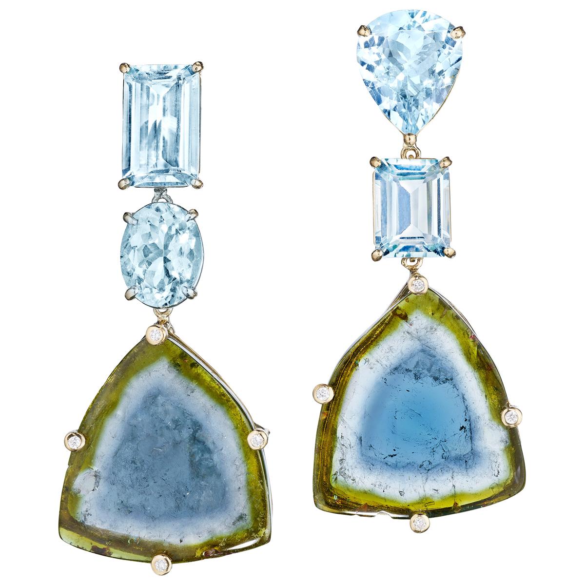 18 Karat Yellow Gold Aquamarine Bicolor Tourmaline Diamond Drop Dangle Earrings For Sale