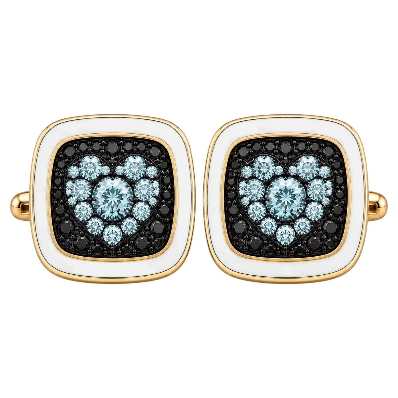 Aquamarine Birthstone Heart Cufflinks White Enamel 14K Gold by Meghna Jewels For Sale