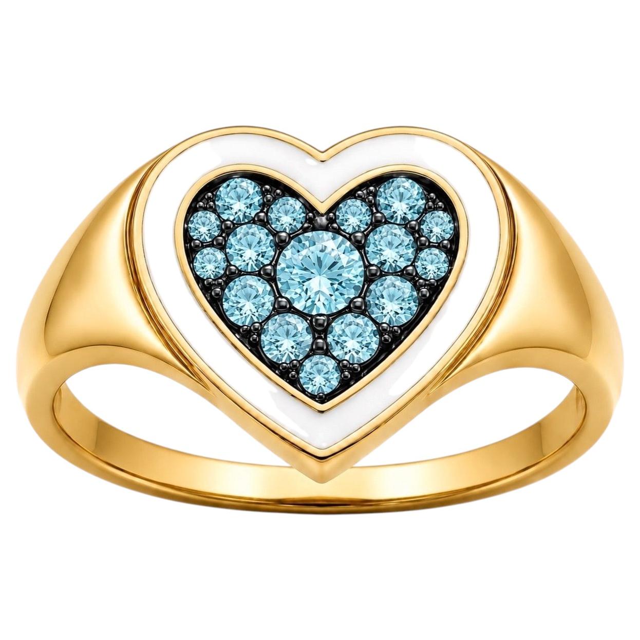 Aquamarin-Geburtsstein-Herzring mit weißem Emaille, 14-karätiges Gold von Meghna Jewels