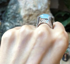 Aquamarine, Black Diamond and Diamond Ring Set in 18 Karat White Gold Settings