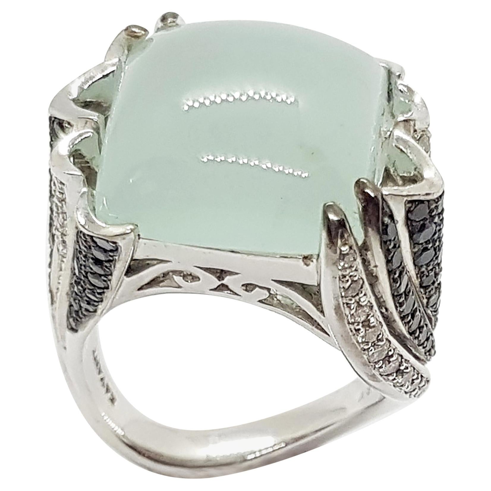 Aquamarine, Black Diamond and Diamond Ring Set in 18 Karat White Gold Settings