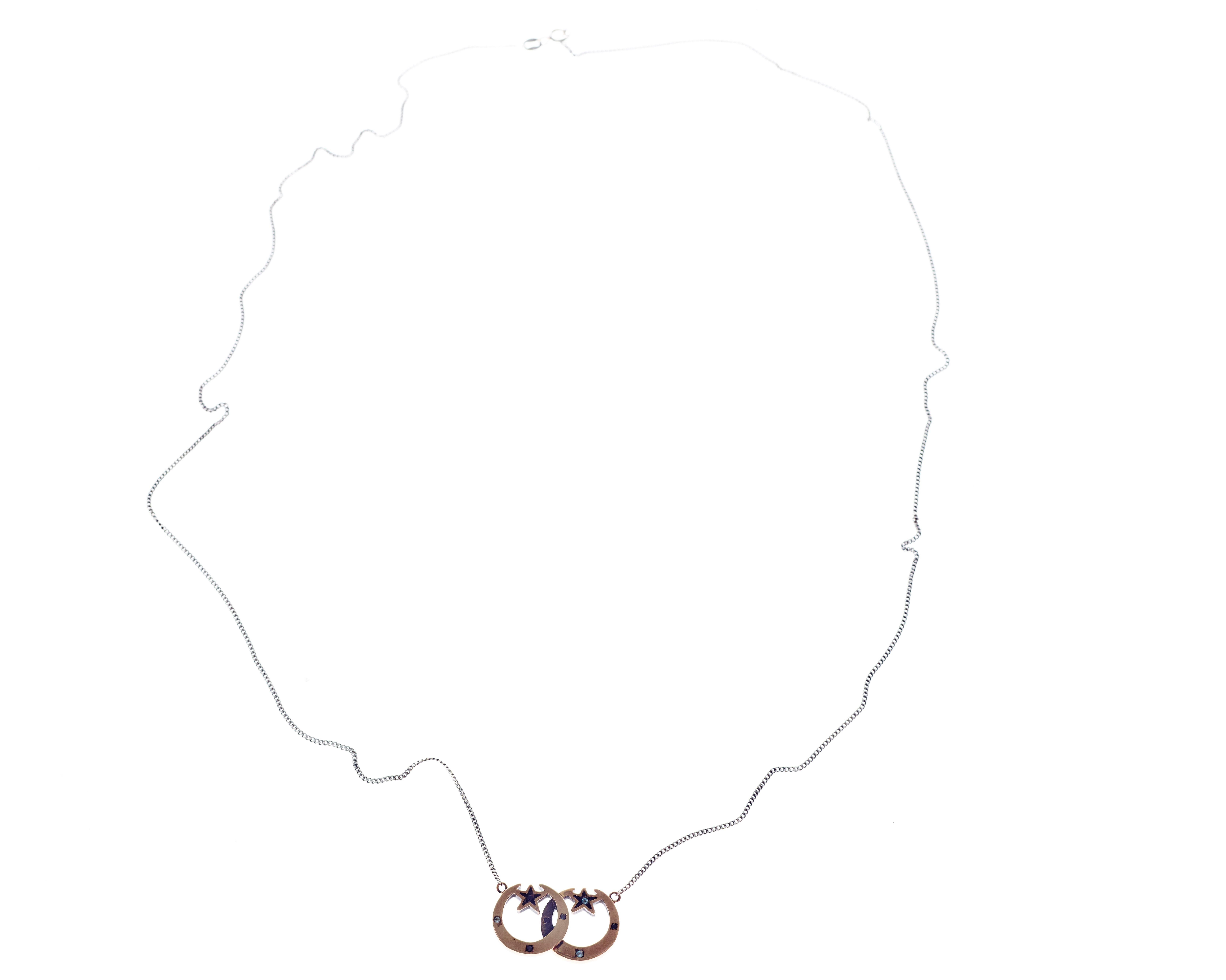 J Dauphin Collier étoile de lune en aigue-marine, diamant noir, chaîne en argent et bronze Neuf - En vente à Los Angeles, CA