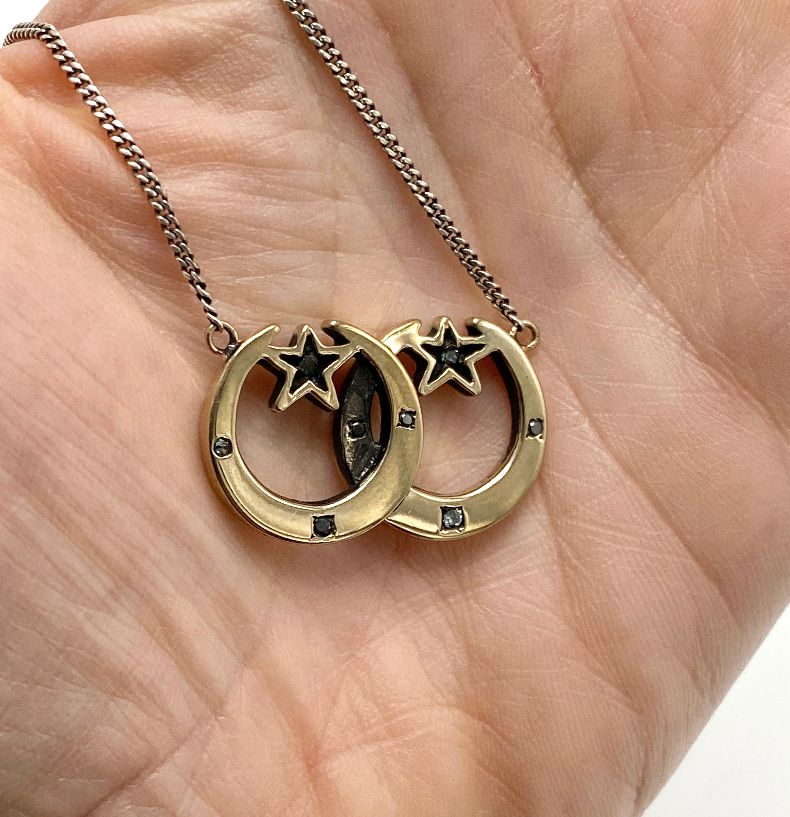 Art Nouveau Aquamarine Black Diamond Necklace Moon Star Gold Pendant Silver Chain J Dauphin For Sale