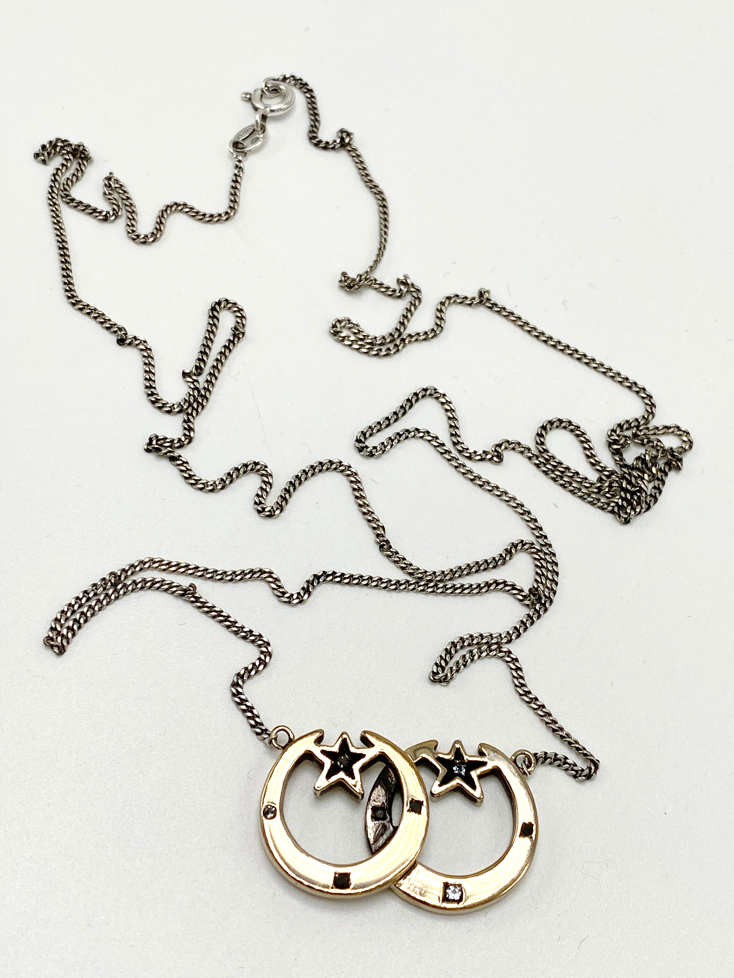 Aquamarin-Halskette mit schwarzem Diamant-Mondstern-Gold-Anhänger, Silberkette J Dauphin (Brillantschliff) im Angebot
