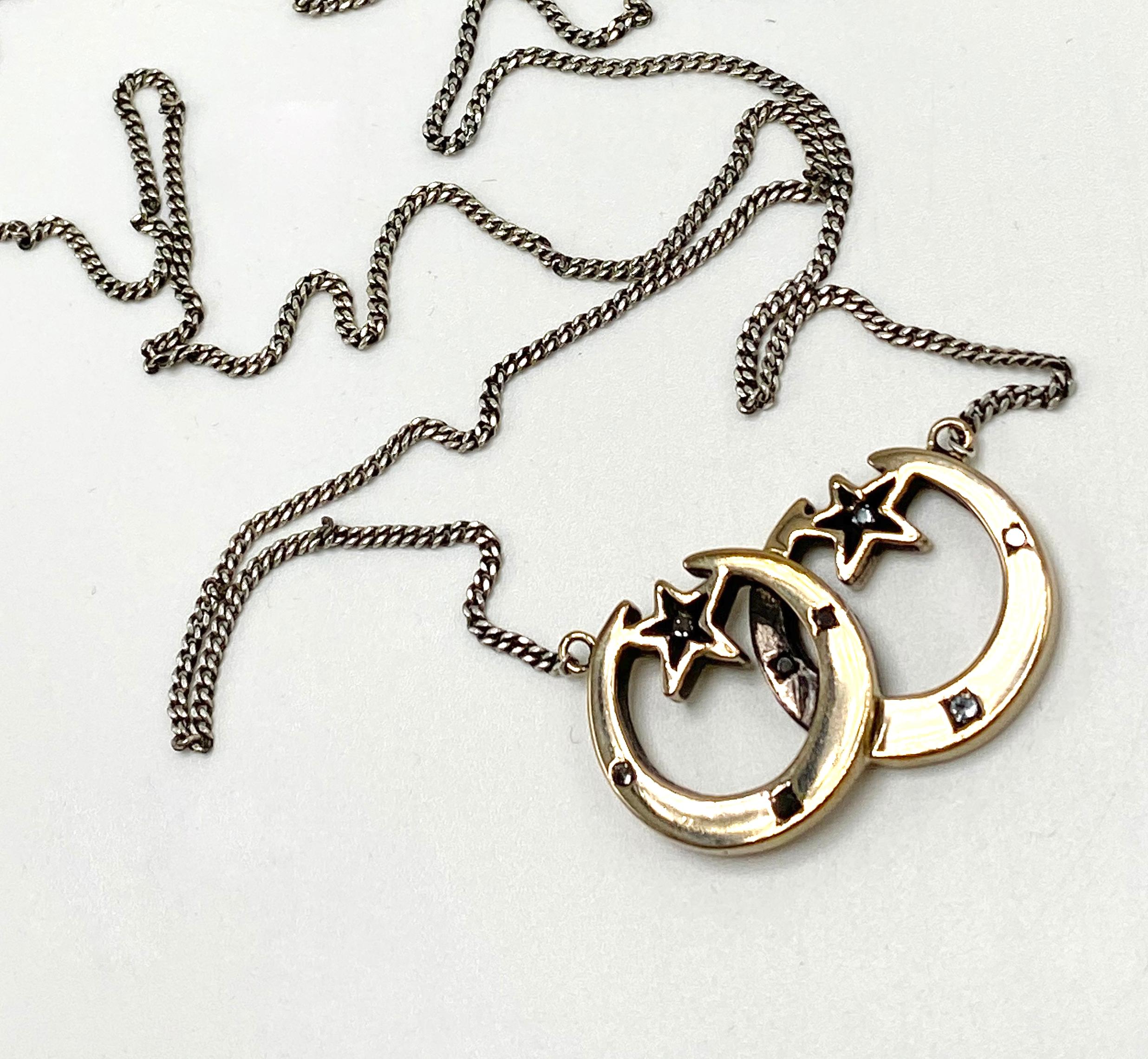 Aquamarin-Halskette mit schwarzem Diamant-Mondstern-Gold-Anhänger, Silberkette J Dauphin Damen im Angebot