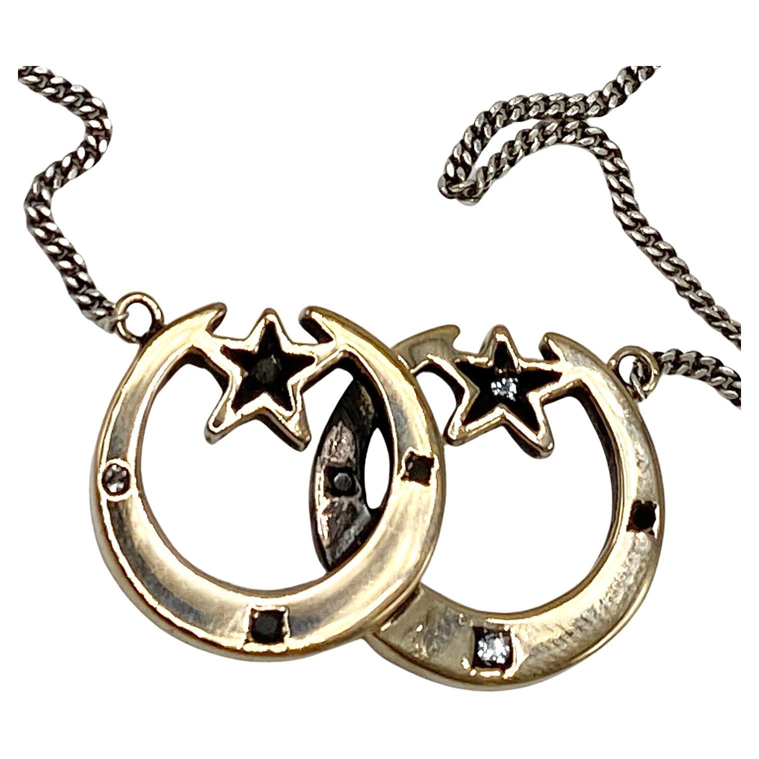 J Dauphin Collier aigue-marine et diamant noir, pendentif étoile de lune en or et chaîne en argent en vente