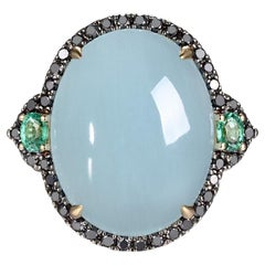 Aquamarine Black Diamonds and Emerald in 14kt Yellow Gold Cocktail Ring