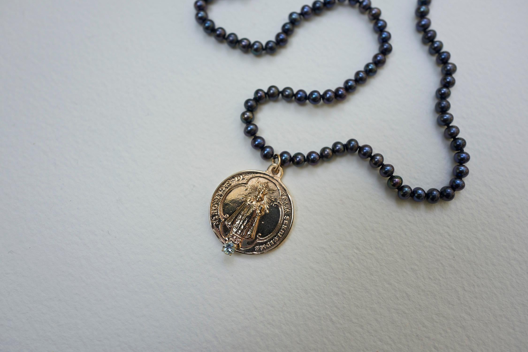Women's Aquamarine Black Pearl Necklace Medal Choker Bronze J Dauphin For Sale
