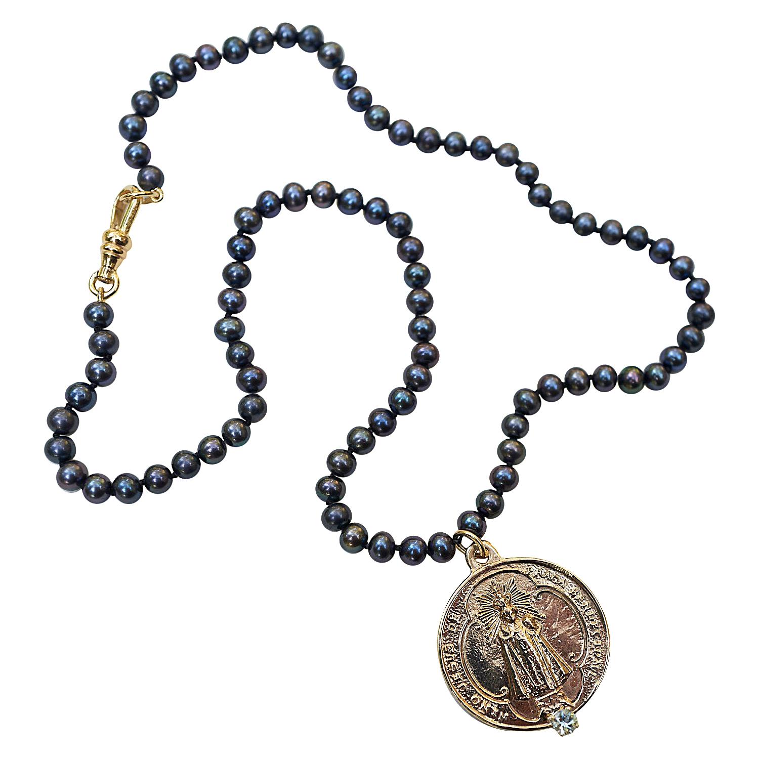 Halskette mit schwarzem Aquamarin und Perle, Medaille, Choker, Bronze, J Dauphin