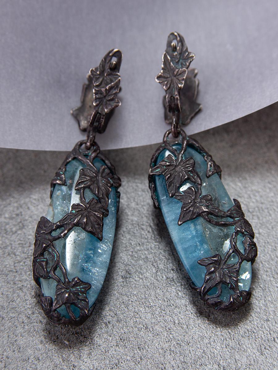 Cabochon Aquamarine Blackened Silver Earrings Natural Blue Gems Ivy collection