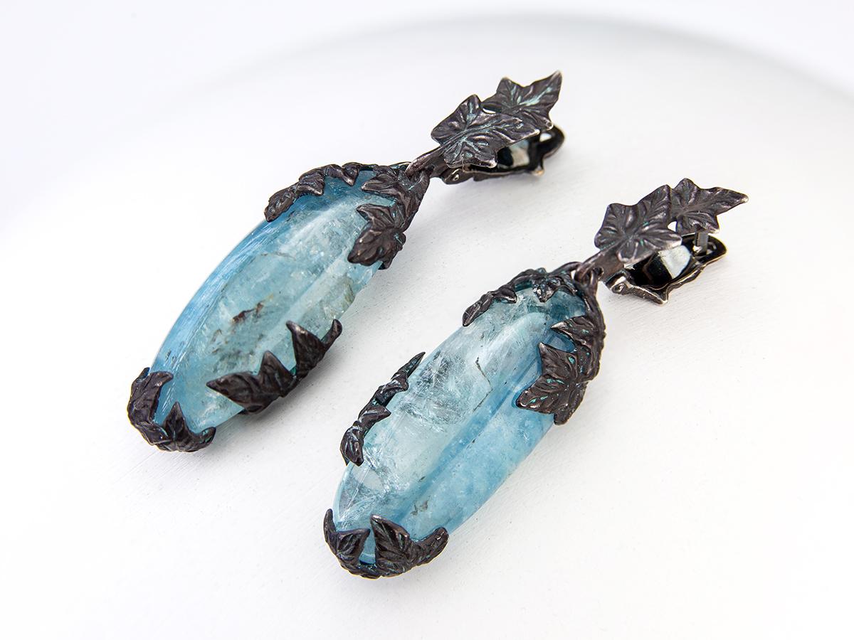 Aquamarine Blackened Silver Earrings Natural Blue Gems Ivy collection In New Condition In Berlin, DE