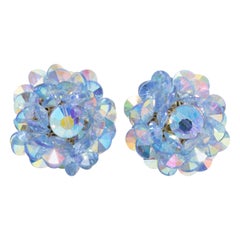 Retro Aquamarine Blue Aurora Borealis Crystal Cluster Clip on Earrings in Silver