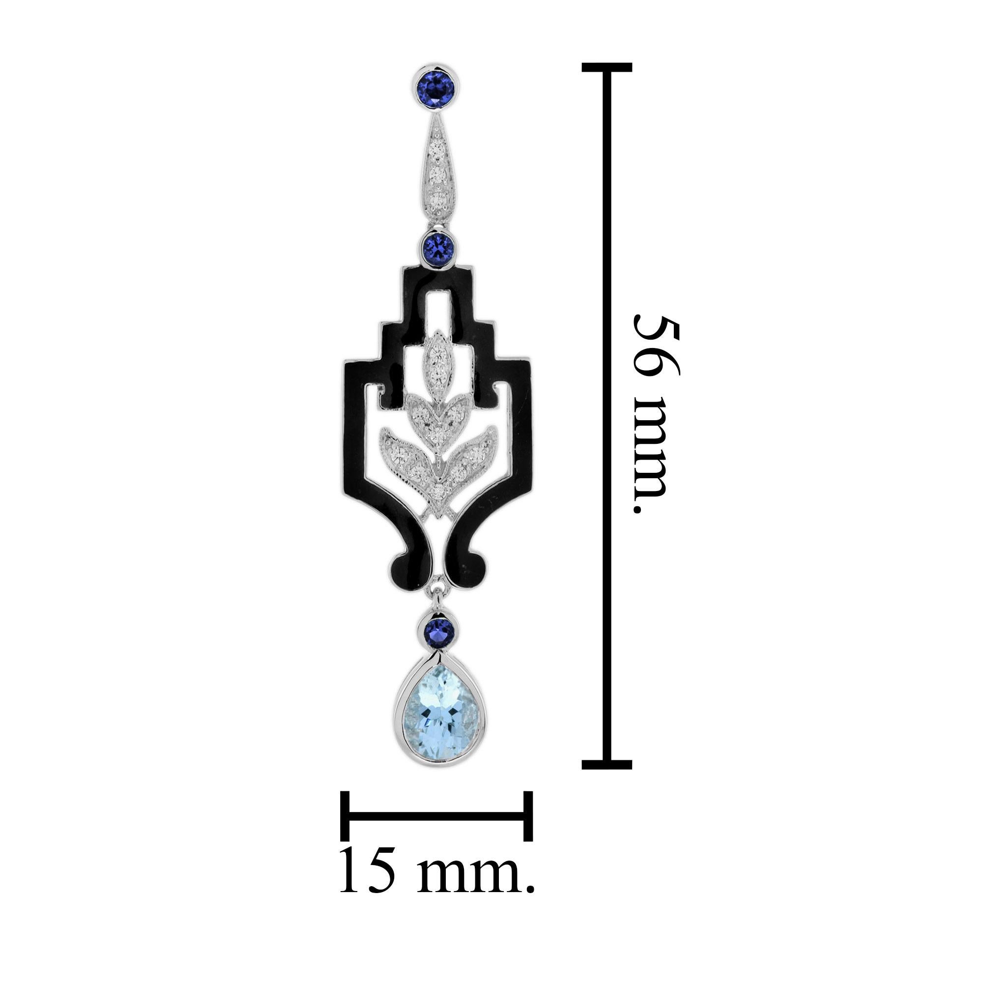 Aquamarine Blue Sapphire and Diamond Antique Style Dangle Earrings in 18K Gold In New Condition For Sale In Bangkok, TH