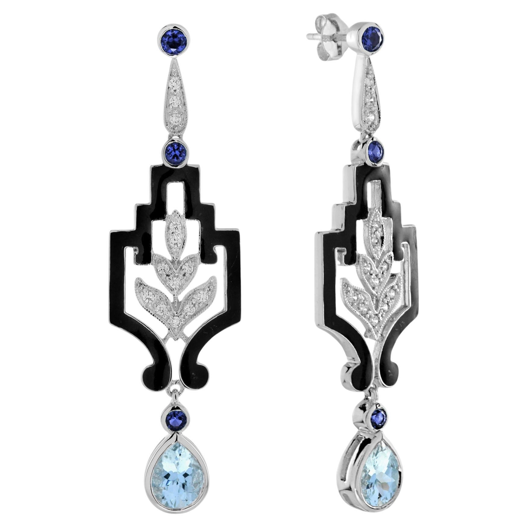 Aquamarine Blue Sapphire and Diamond Antique Style Dangle Earrings in 18K Gold