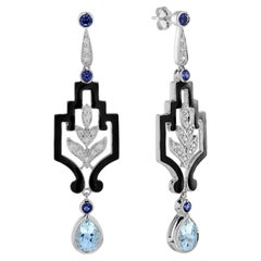 Boucles d'oreilles pendantes en or 18K aigue-marine, saphir bleu et diamant de style antique
