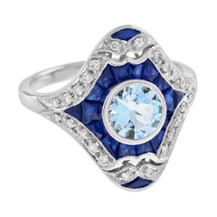 Aquamarin & Blauer Saphir und Diamant Art Deco Stil Dinner Ring 14K Weißgold
