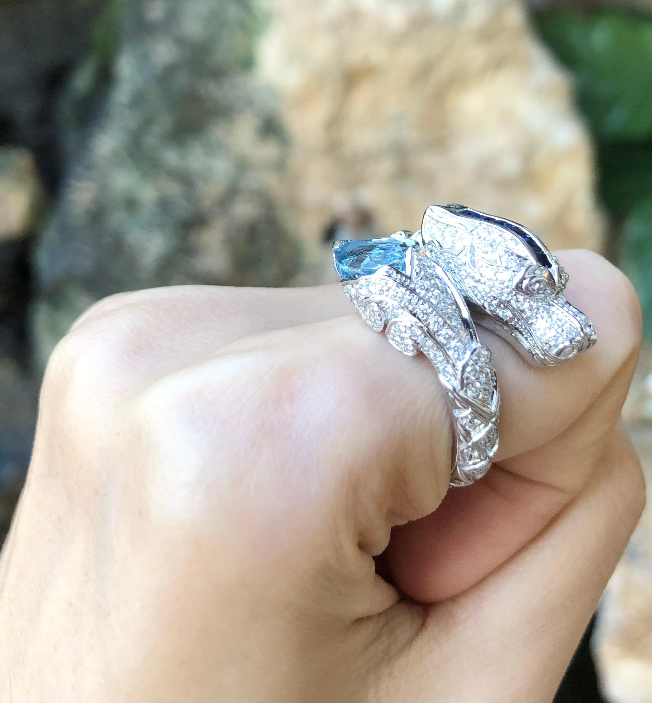 Aquamarine, Blue Sapphire and Diamond Dragon Ring in 18 Karat White Gold For Sale 1