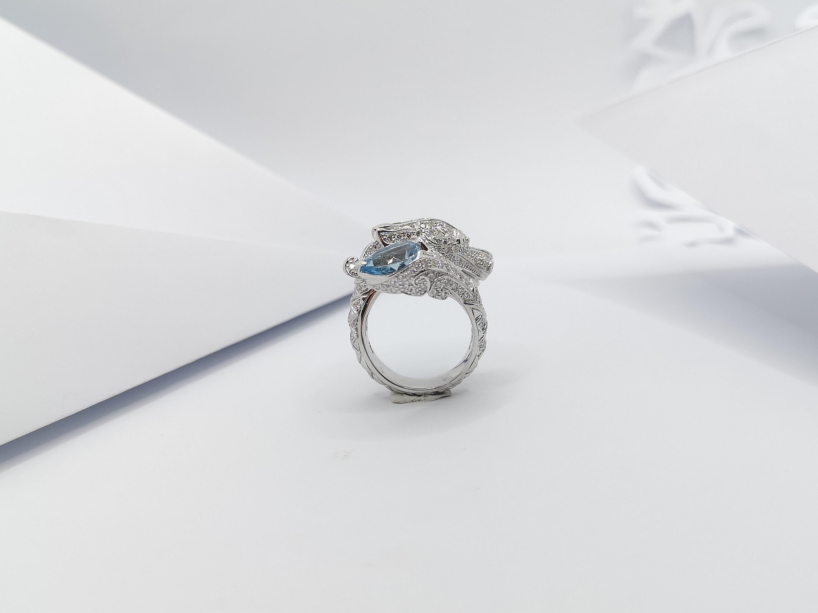 Aquamarine, Blue Sapphire and Diamond Dragon Ring in 18 Karat White Gold For Sale 3