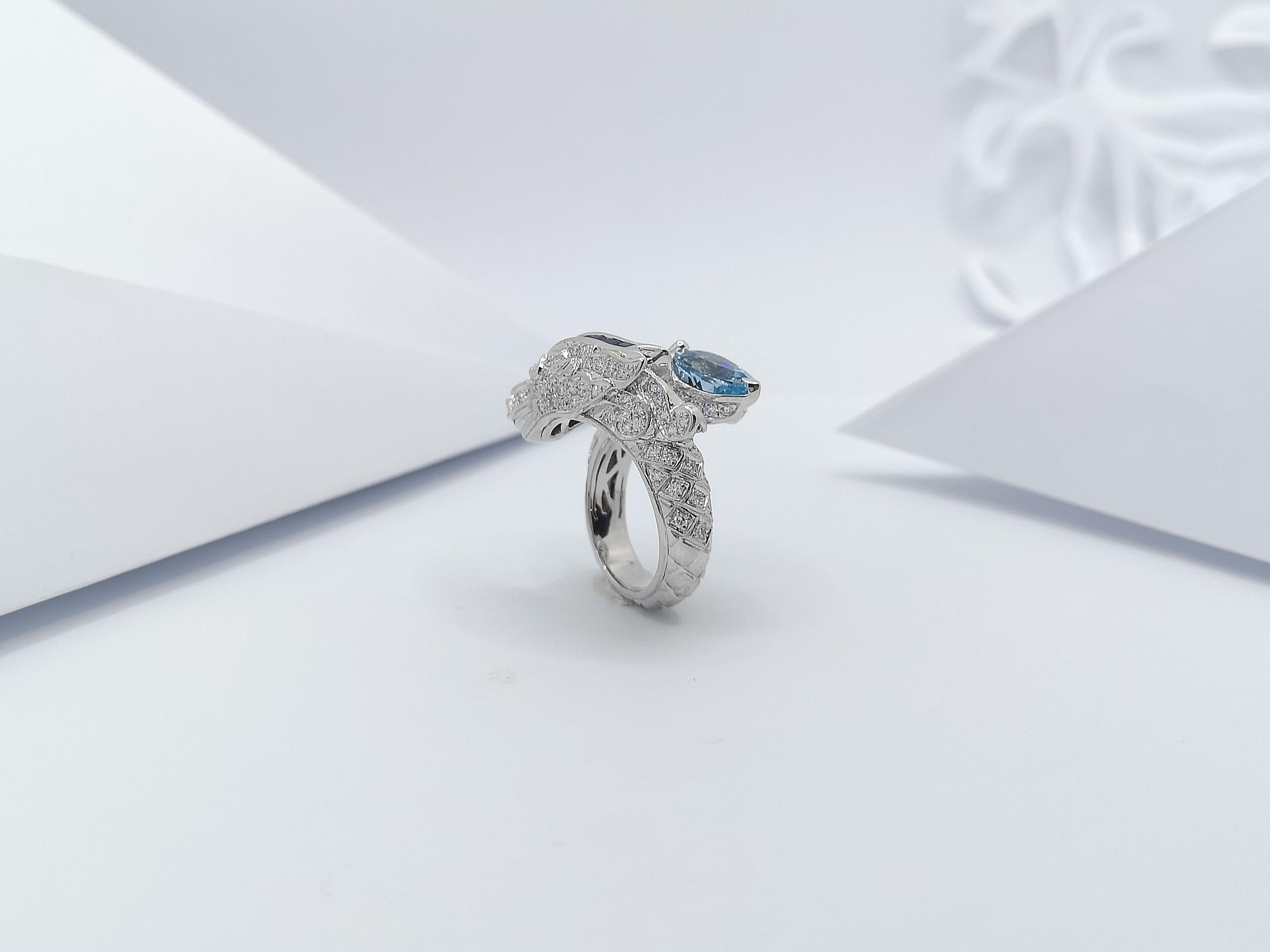 Aquamarine, Blue Sapphire and Diamond Dragon Ring in 18 Karat White Gold For Sale 5