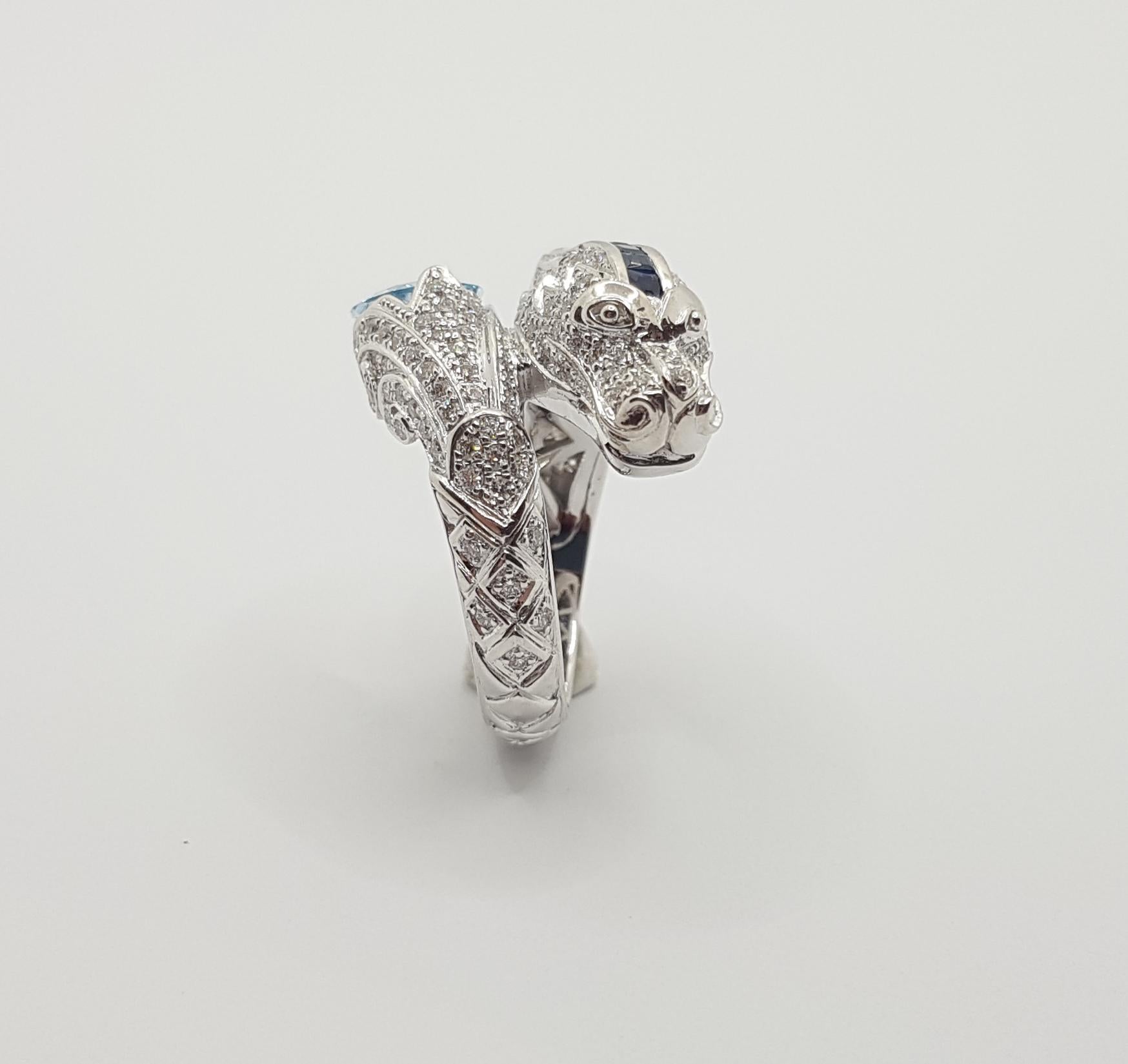 Aquamarine, Blue Sapphire and Diamond Dragon Ring in 18 Karat White Gold For Sale 6