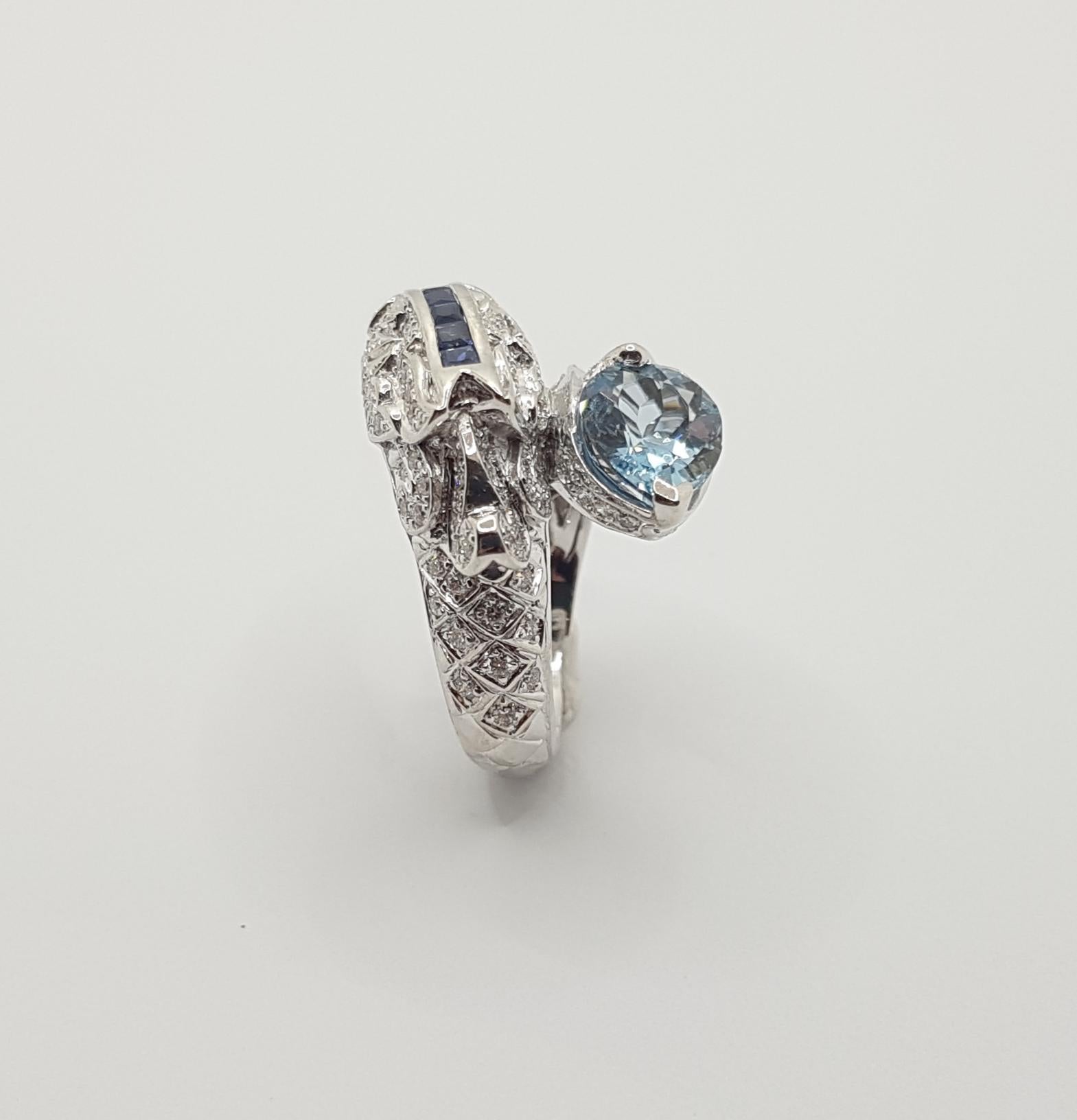 Aquamarine, Blue Sapphire and Diamond Dragon Ring in 18 Karat White Gold For Sale 7