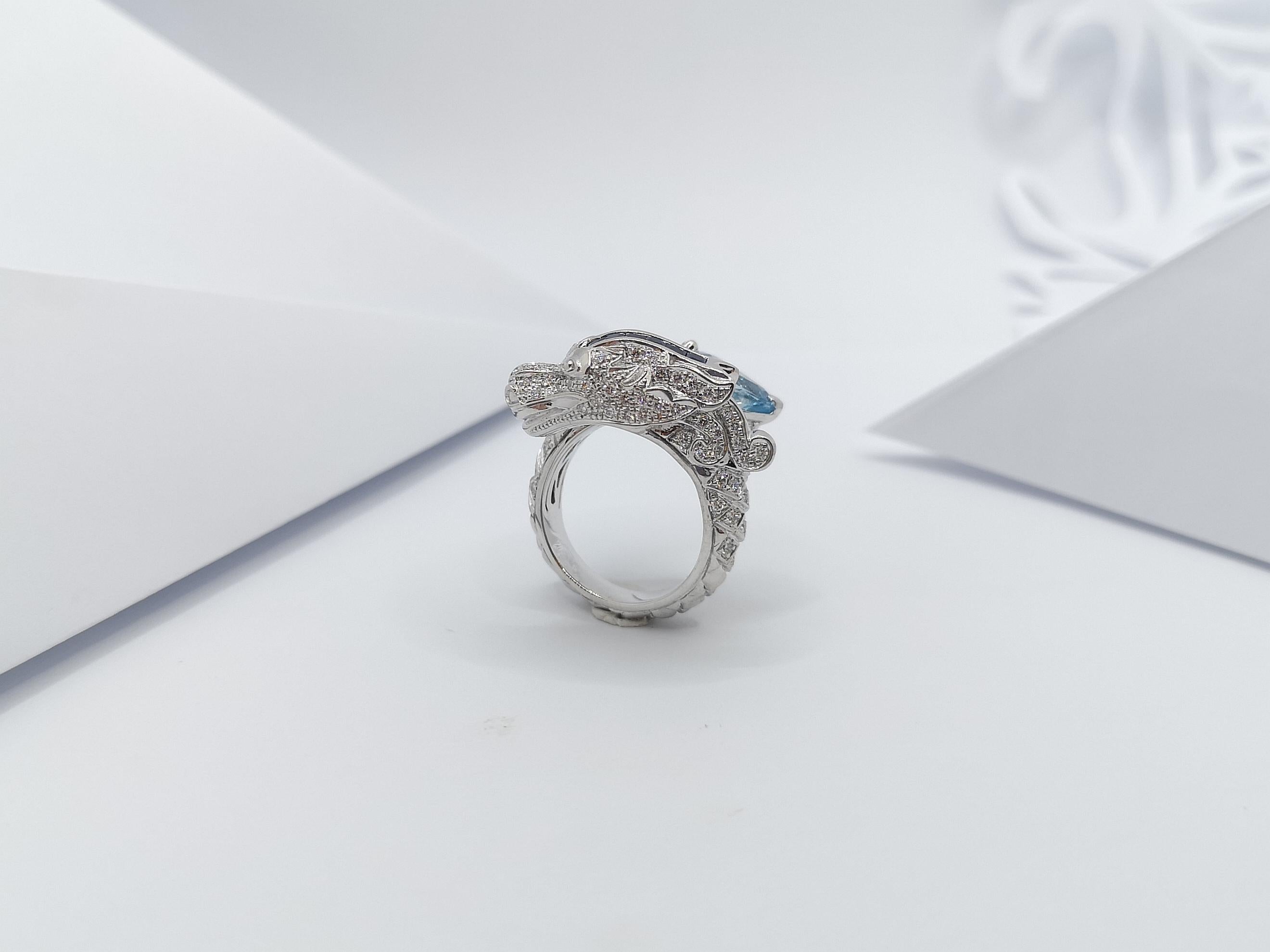 Aquamarine, Blue Sapphire and Diamond Dragon Ring in 18 Karat White Gold For Sale 8