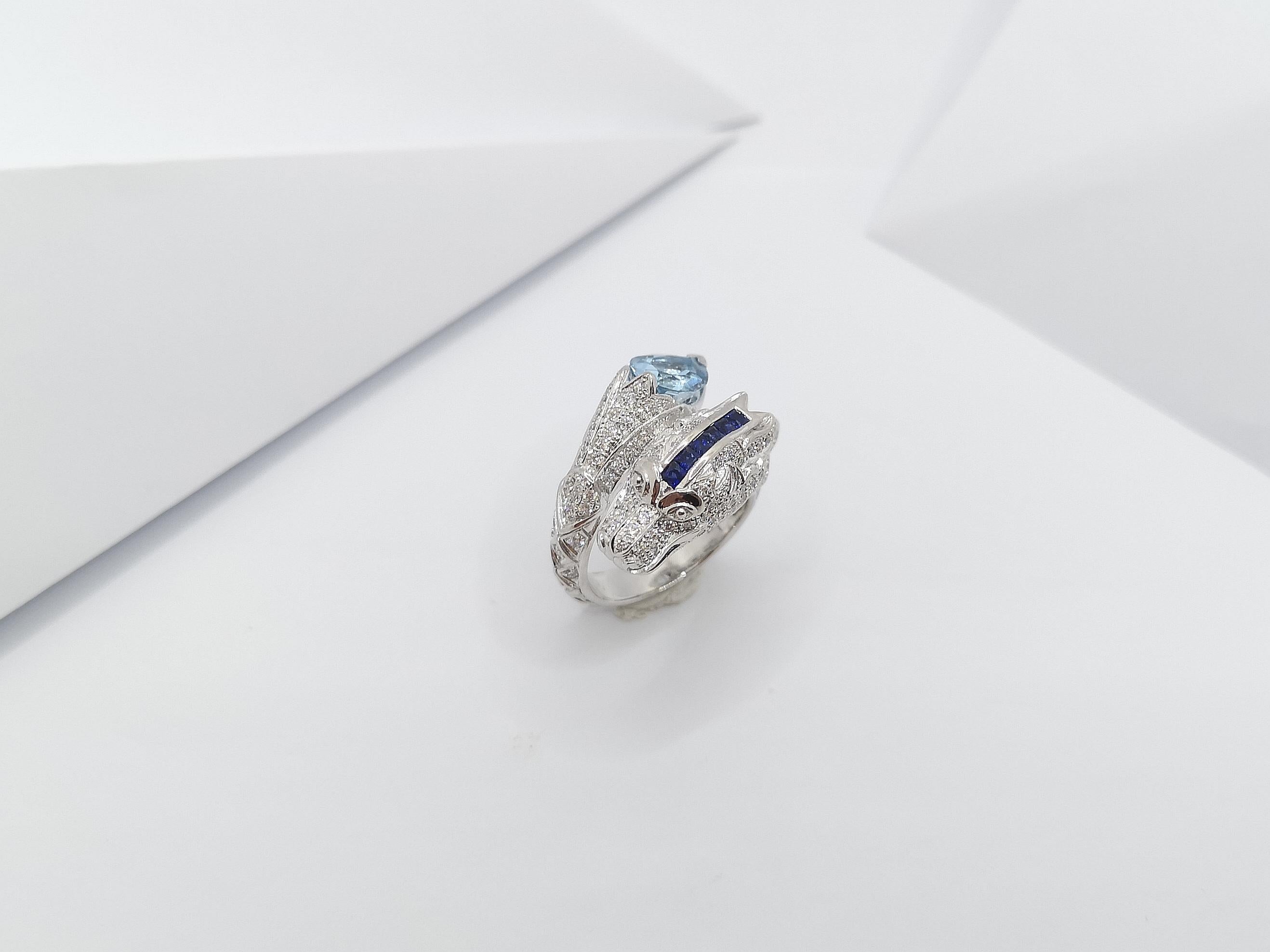 Aquamarine, Blue Sapphire and Diamond Dragon Ring in 18 Karat White Gold For Sale 9