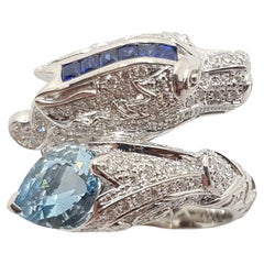 Aquamarine, Blue Sapphire and Diamond Dragon Ring in 18 Karat White Gold