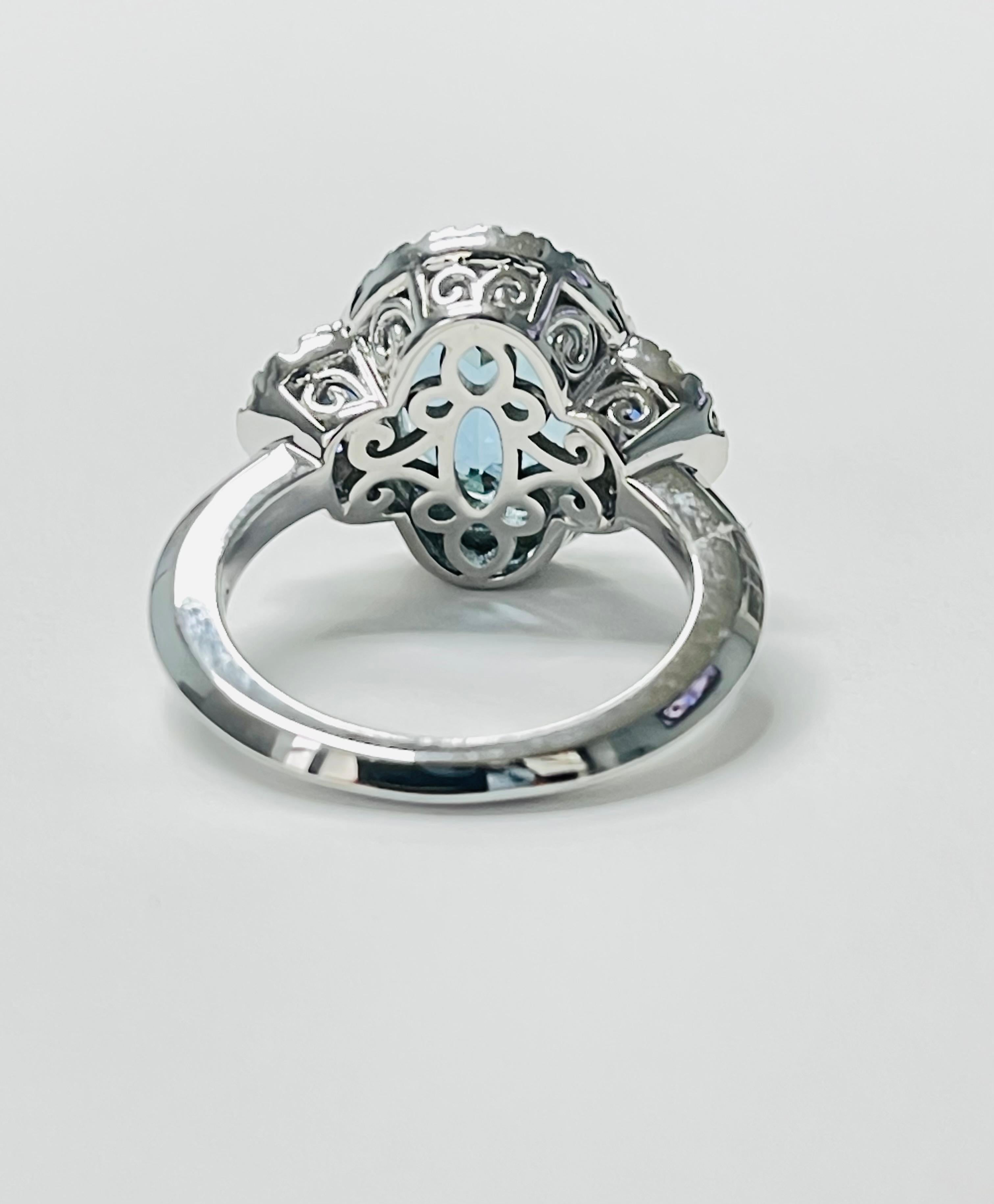Women's Aquamarine, Blue Sapphire and Diamond Engagement Ring In 14 Karat Gold. For Sale