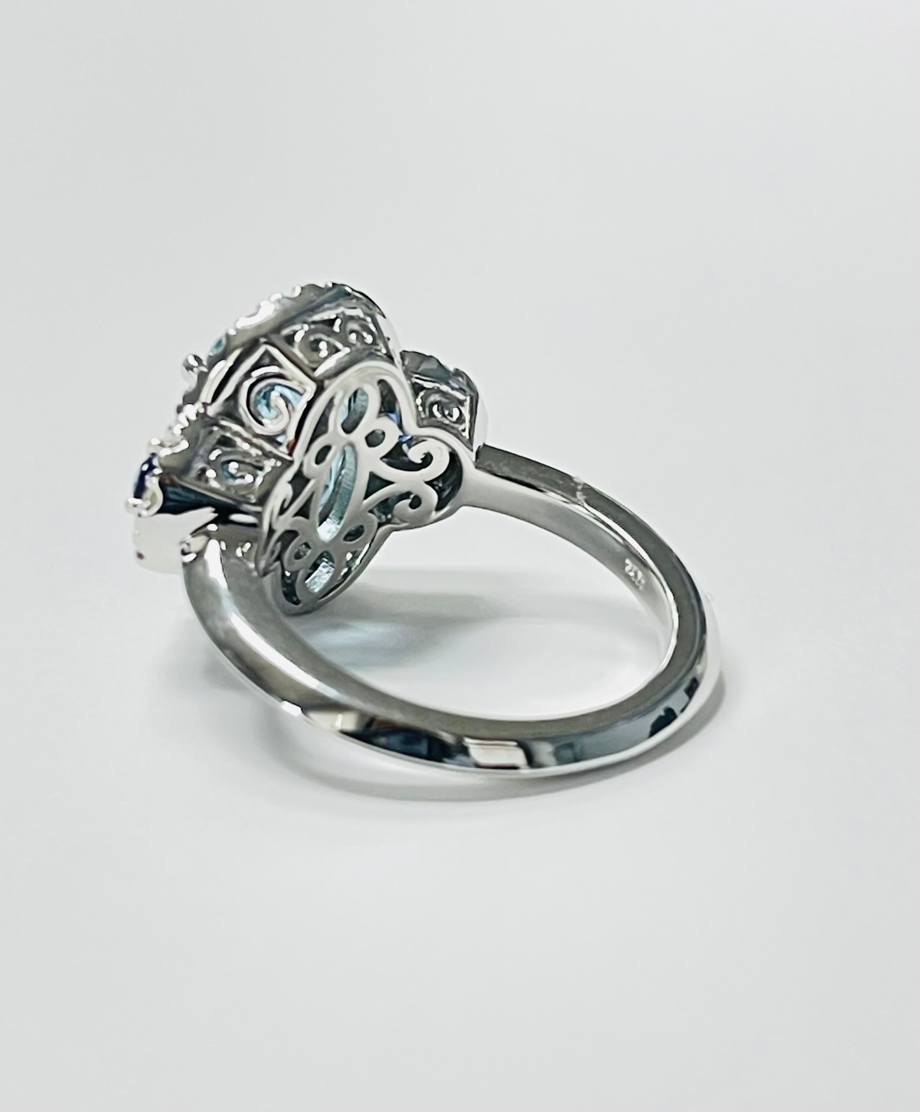 Aquamarine, Blue Sapphire and Diamond Engagement Ring In 14 Karat Gold. For Sale 1