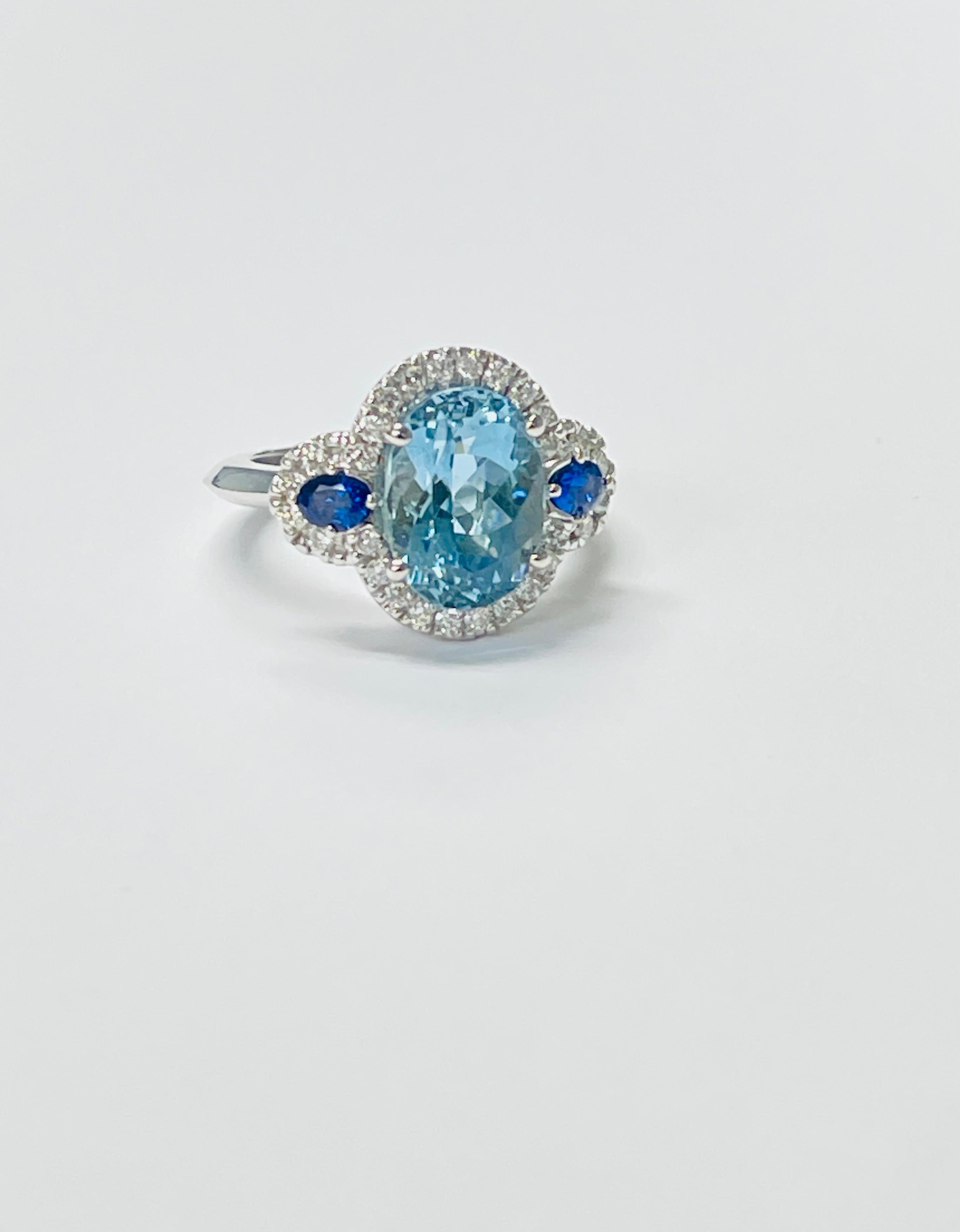 Aquamarine, Blue Sapphire and Diamond Engagement Ring In 14 Karat Gold. For Sale 4