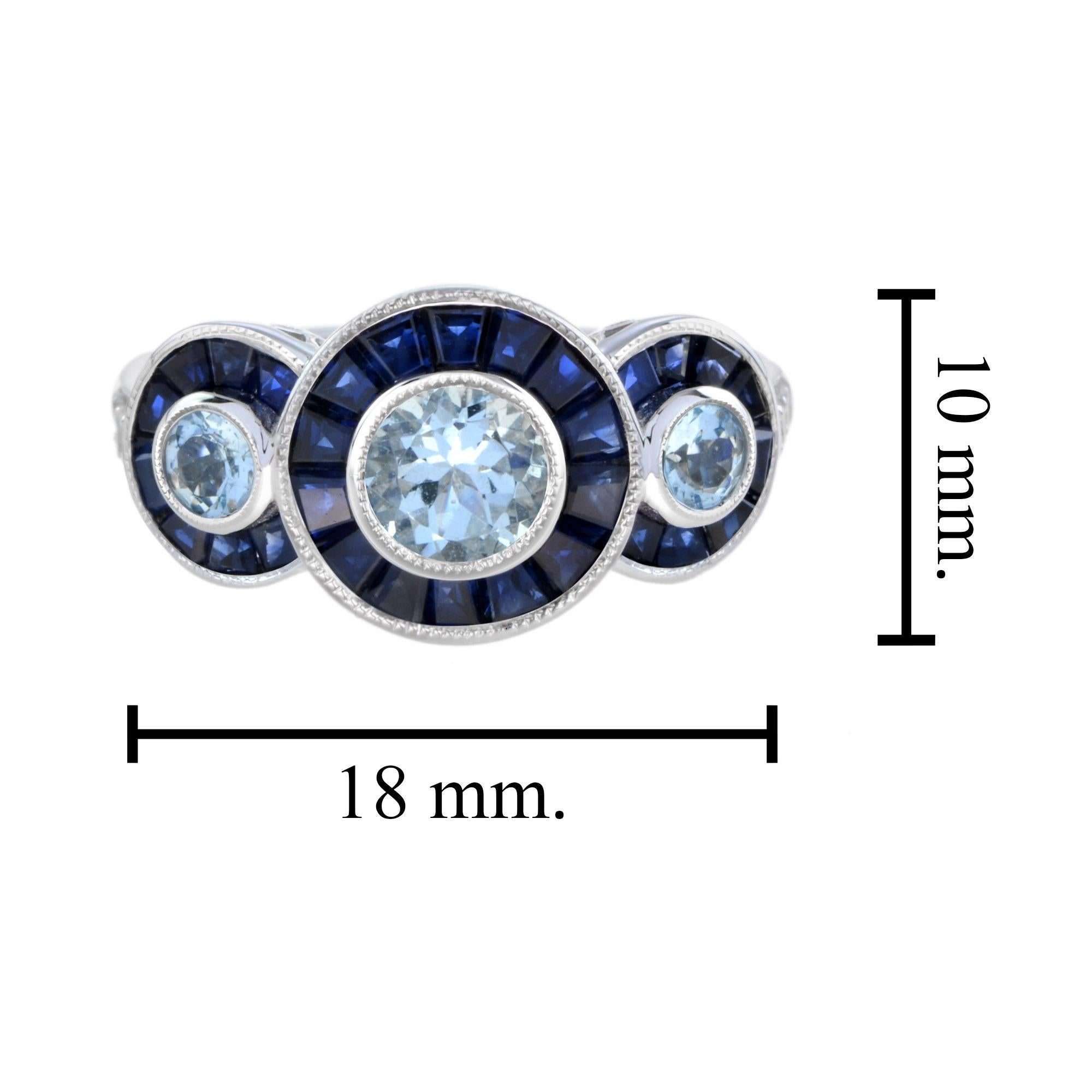 Femenino o masculino Anillo de oro de tres piedras estilo Art Déco con aguamarina, zafiro azul y halo de diamantes en venta