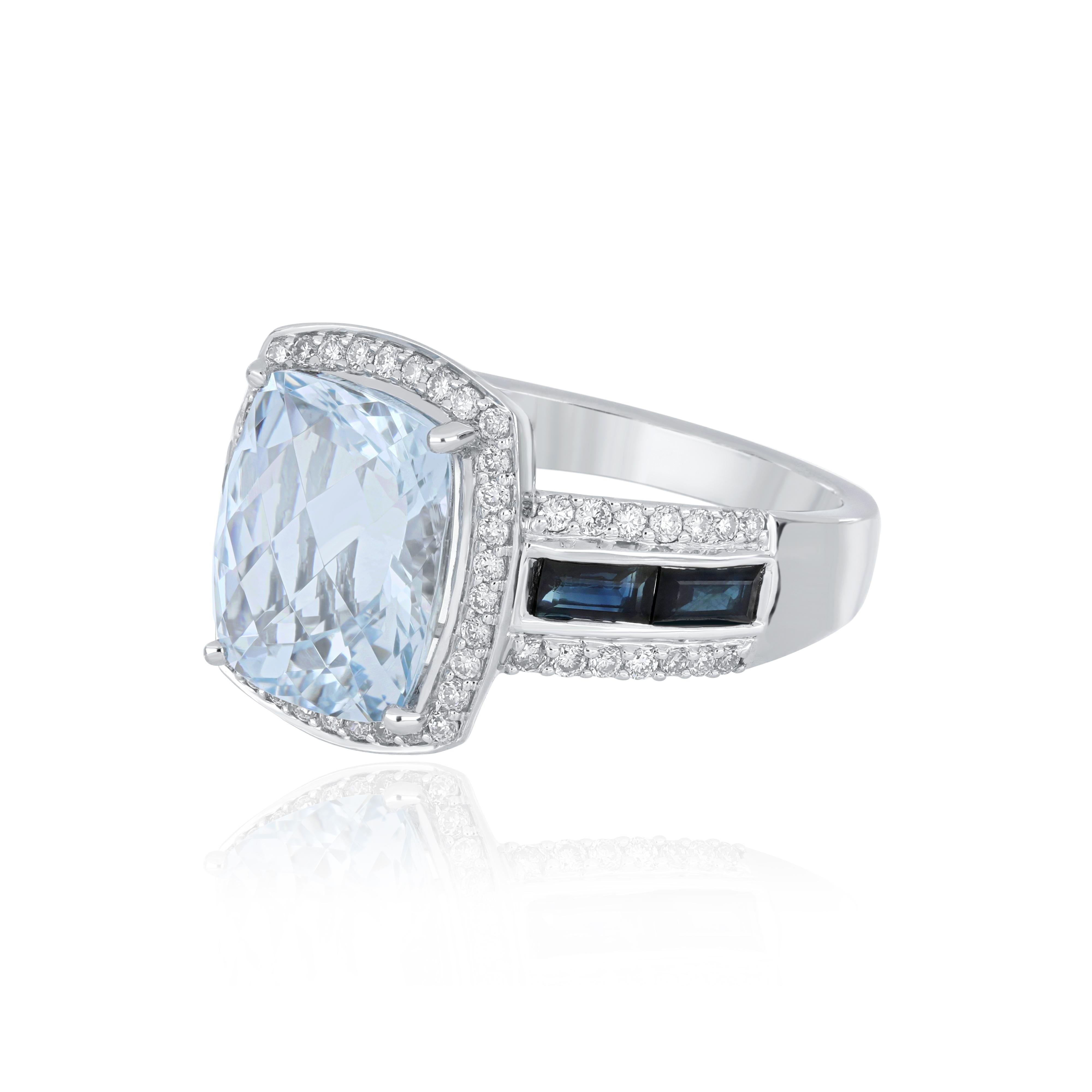 Aquamarine, Blue Sapphire and Diamond Ring 14 Karat White Gold at
