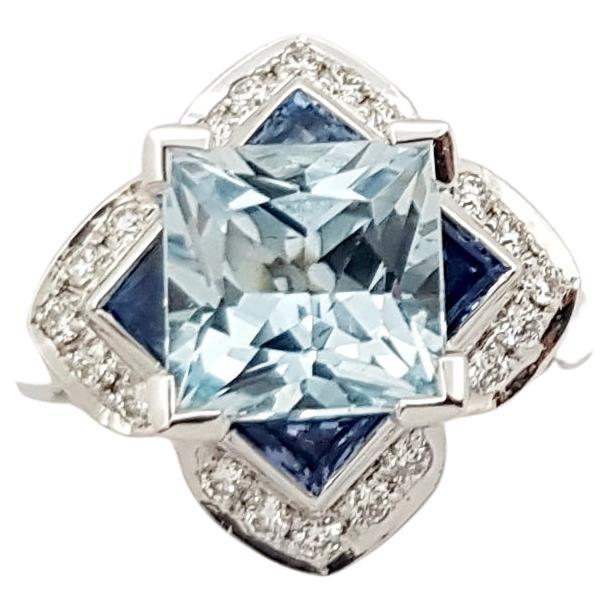 Aquamarine, Blue Sapphire and Diamond Ring Set in 18 Karat White Gold Settings