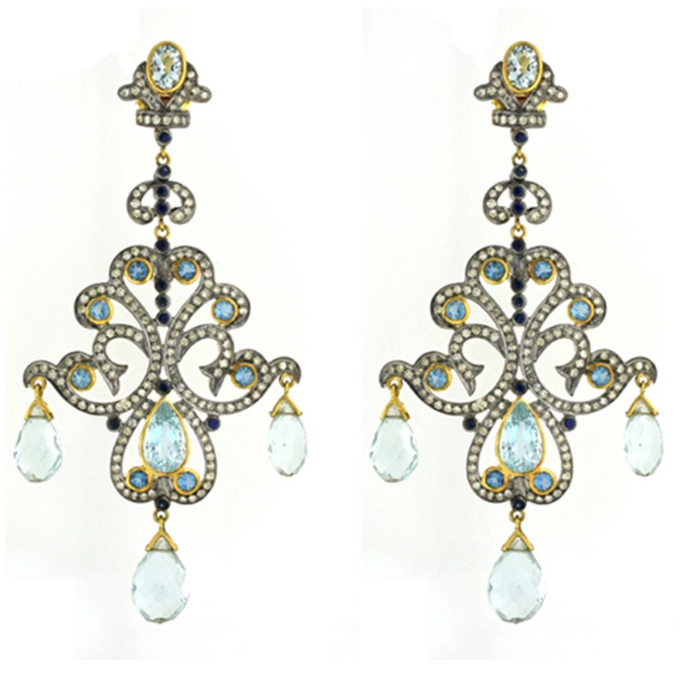 Contemporary Aquamarine & Blue Sapphire Chandelier Earring with Diamonds in 14k Gold & Silver For Sale
