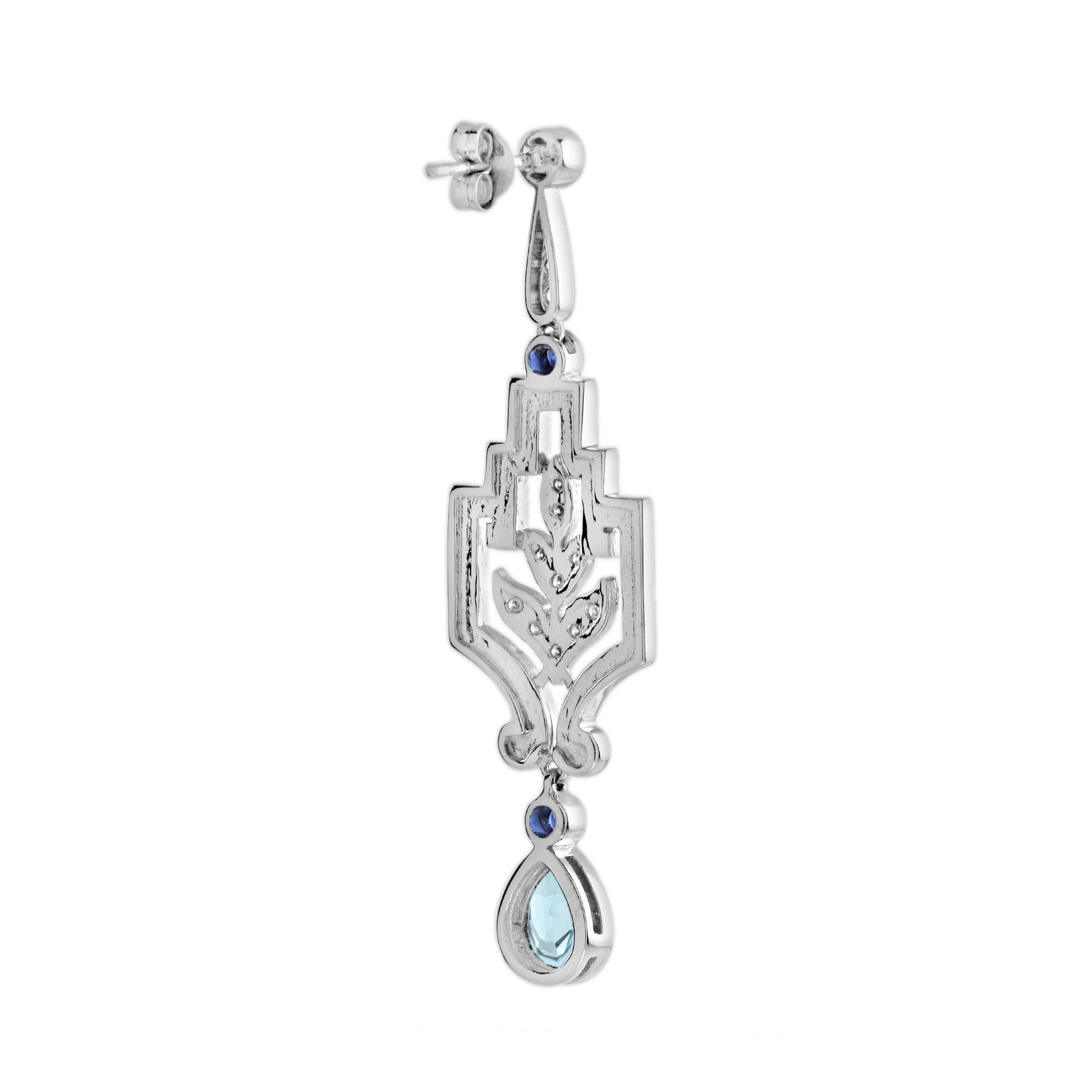 Aquamarin & Blauer Saphir Diamant Ohrringe aus Weißgold im antiken Stil baumelnd (Tropfenschliff) im Angebot