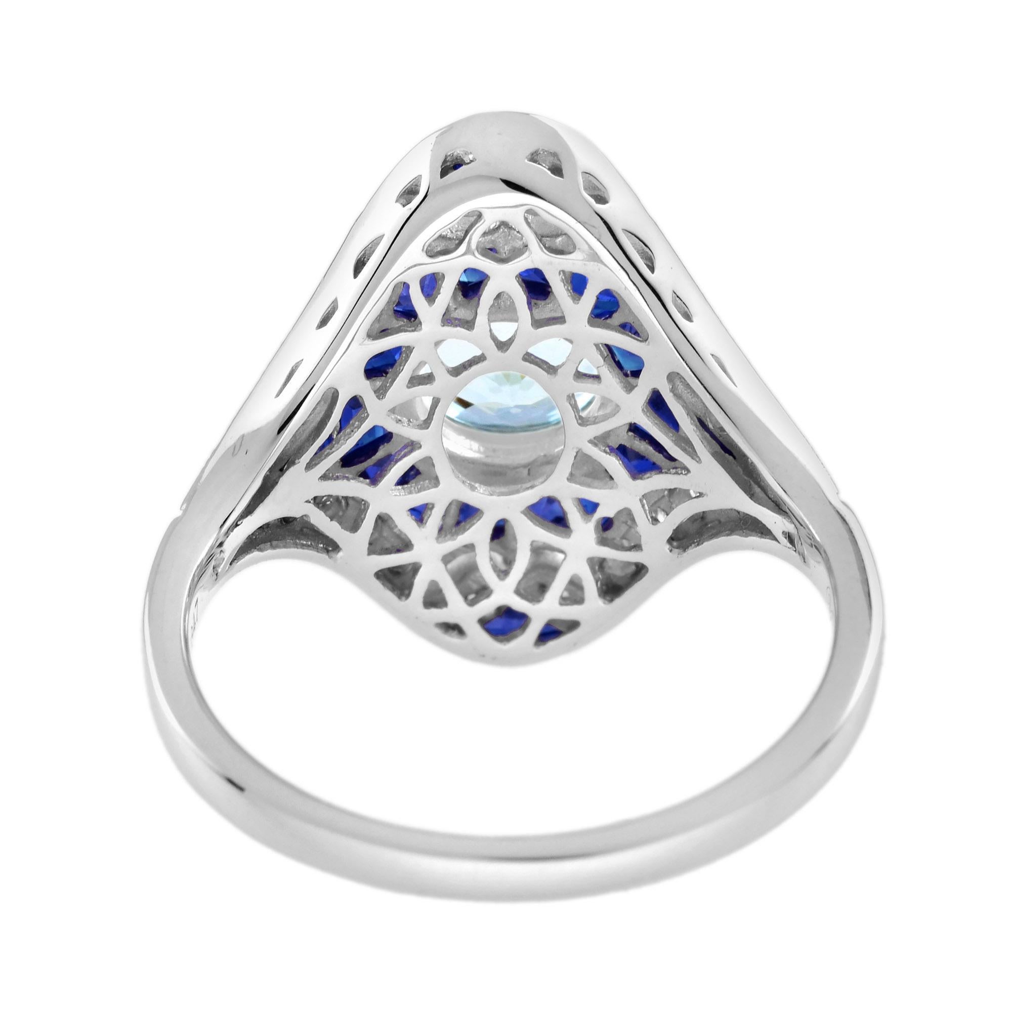 Women's Aquamarine Blue Sapphire Diamond Art Deco Style Dinner Ring in 18K White Gold For Sale