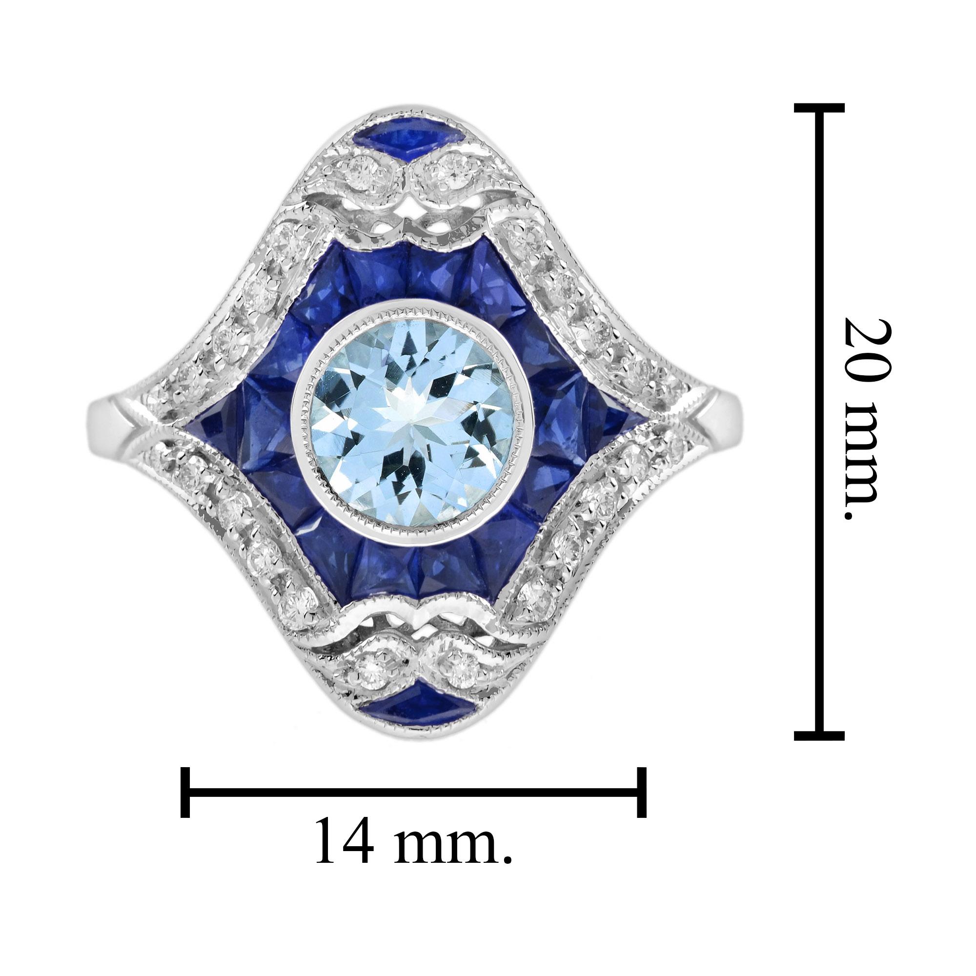 Aquamarine Blue Sapphire Diamond Art Deco Style Dinner Ring in 18K White Gold For Sale 2